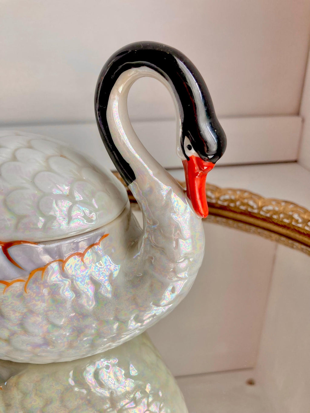 Vintage Lusterware Swan Dish: Gold Castle Ceramic Container, Japan