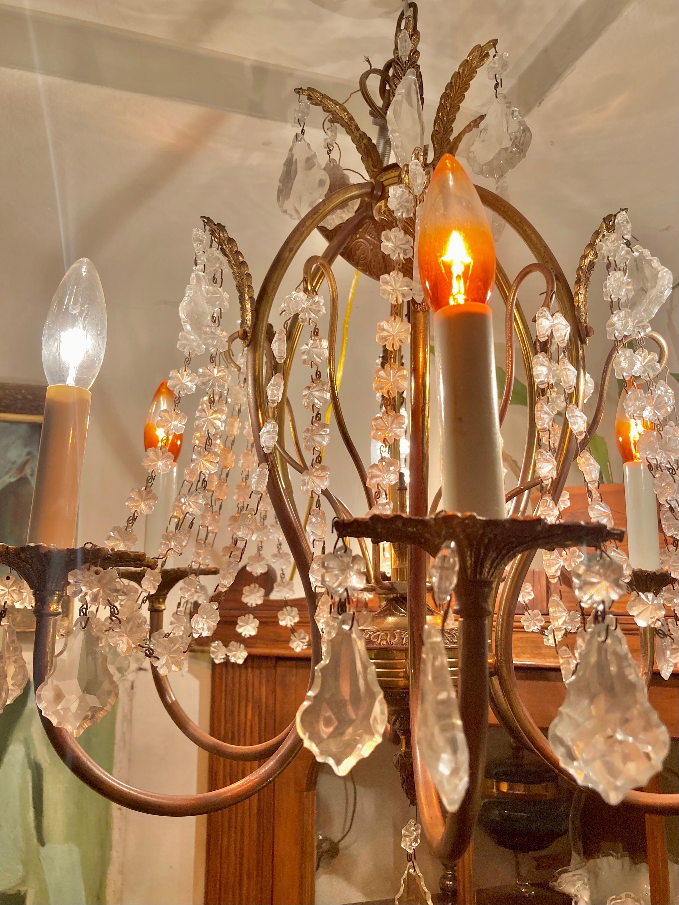 Vintage 1970s Brass and Cut Glass 6-Lamp Opulent Chandelier - Made in Spain