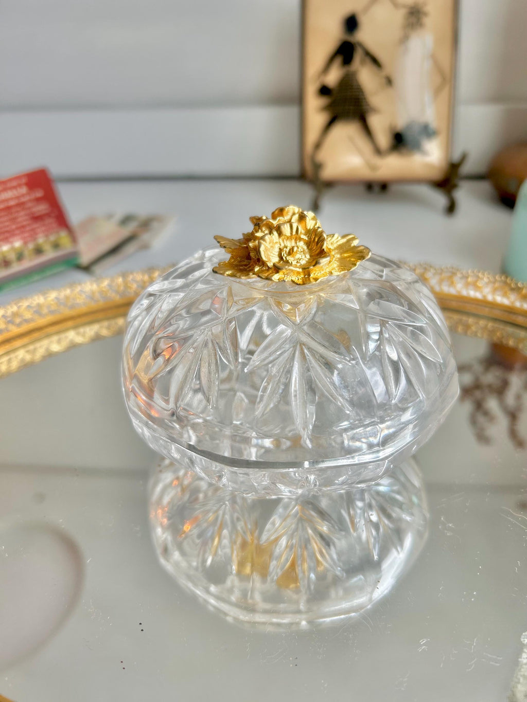 Vintage Italian Cut Crystal Trinket Dish: Gilt Floral Handle
