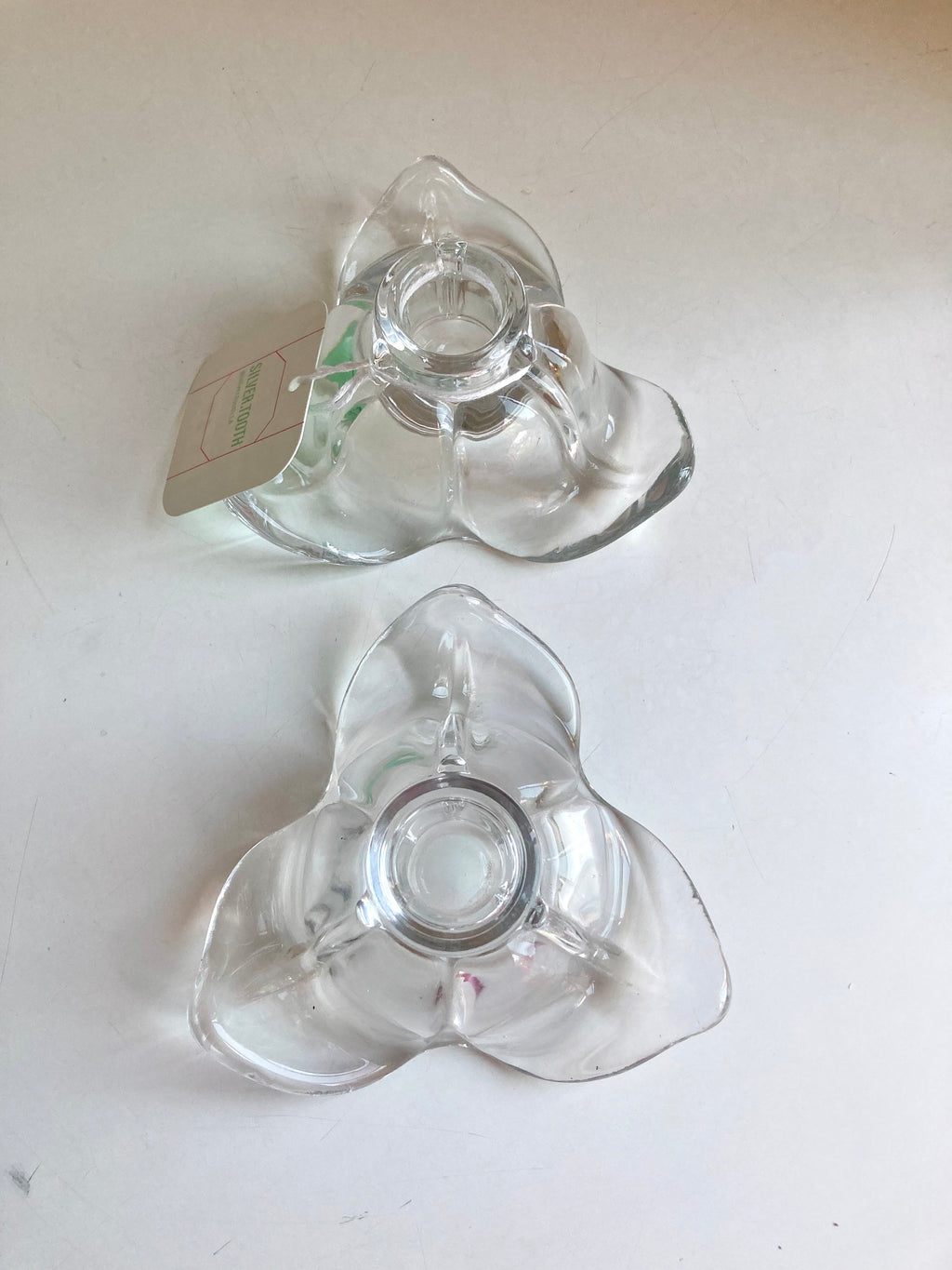 Vintage Duncan Miller American Way Leaf Clear Glass PAIR of Single Candlestick Holders
