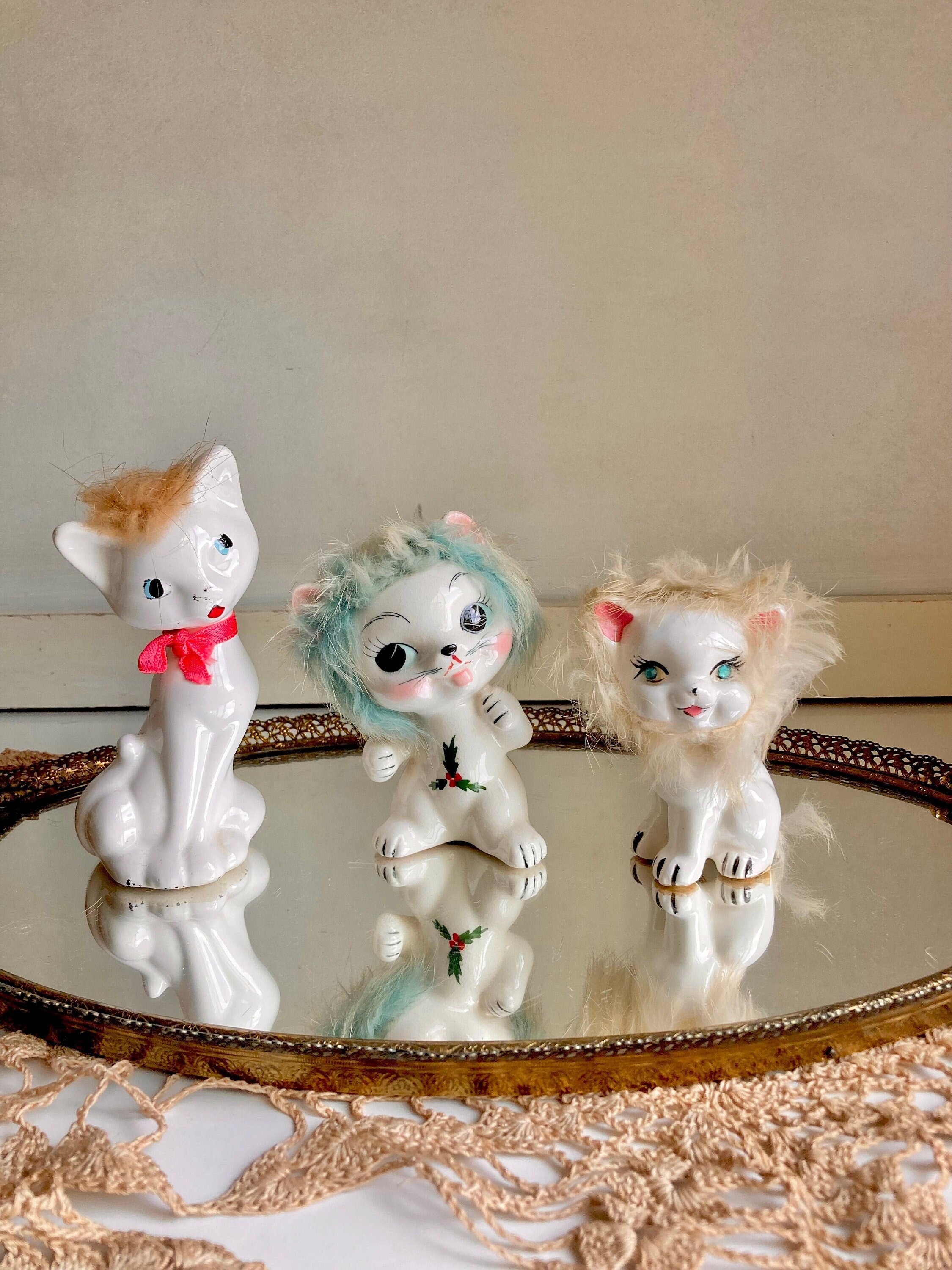 Midcentury Anthropomorphic Ceramic Cats Hand Painted with applied Fur - Japan - Choose from 3