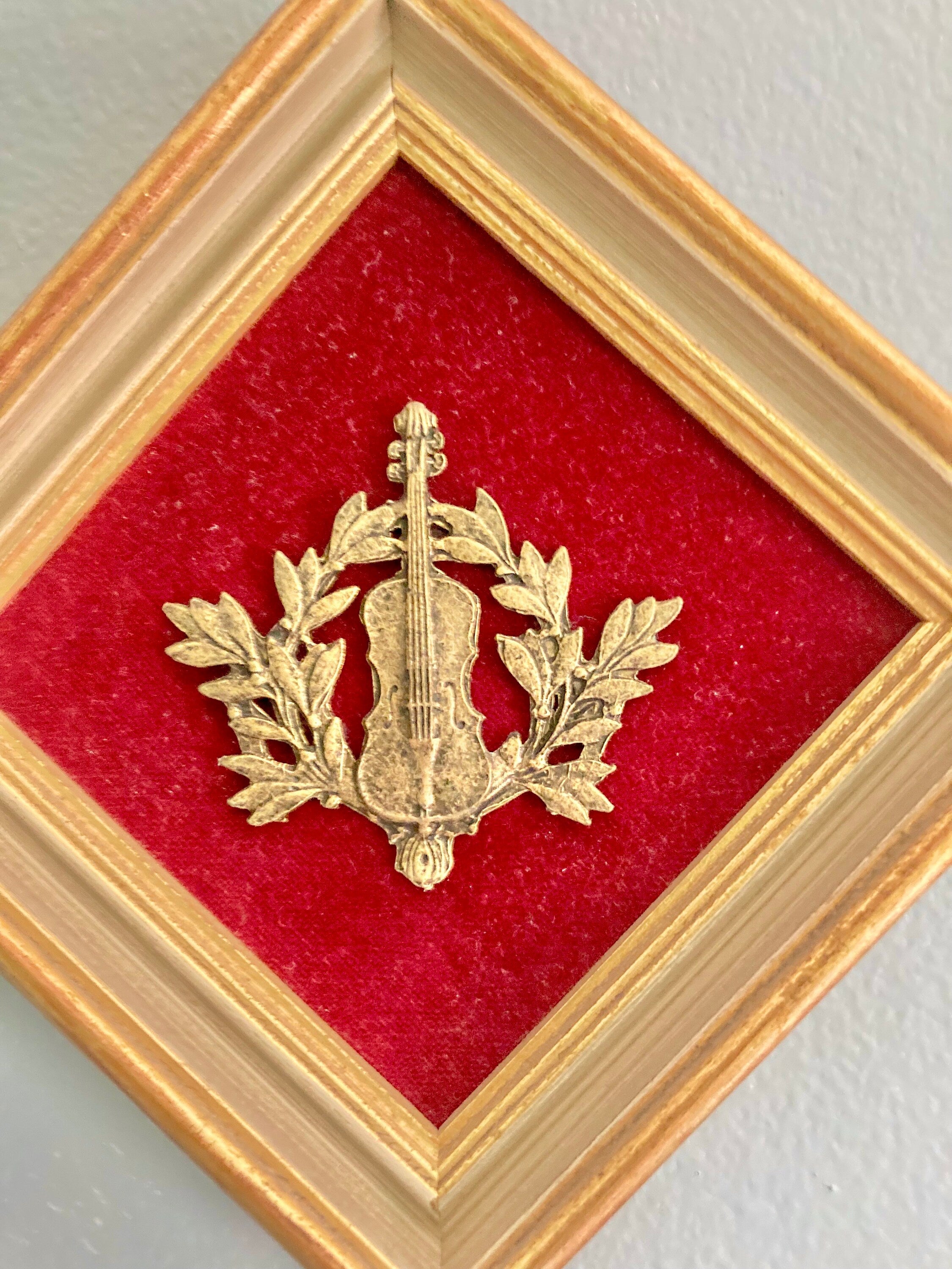 Vintage E.a. Riba Gold Tone Music Art: Red Velvet Framed Violin Decor
