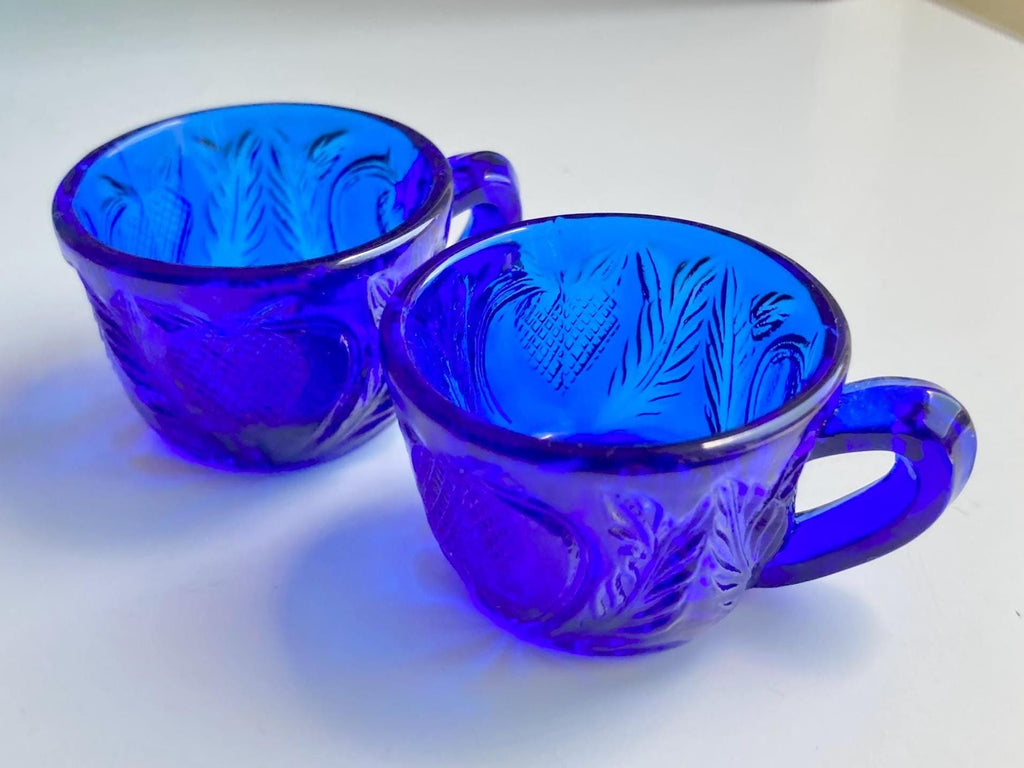 Vinage Cobalt Blue Glass Salt Cellars with fruit pattern, cup handles