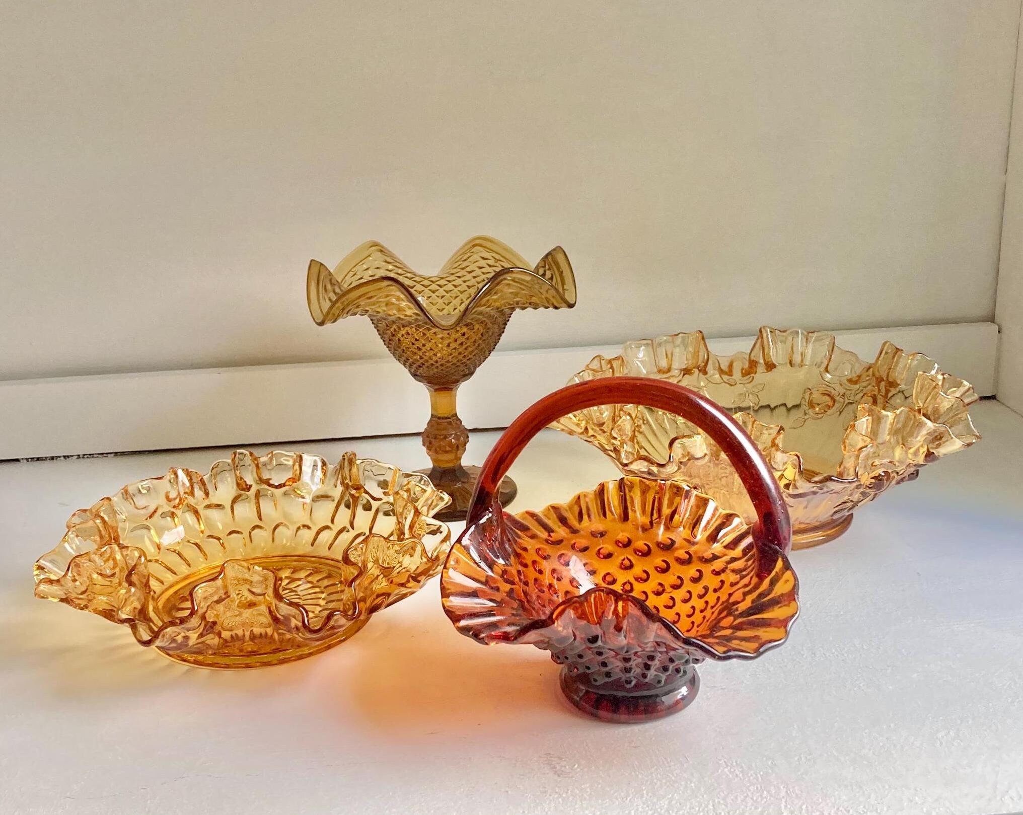 Vintage Amber Art Glass Bowl: Fenton, IVIMA Ruffled Rim Compote