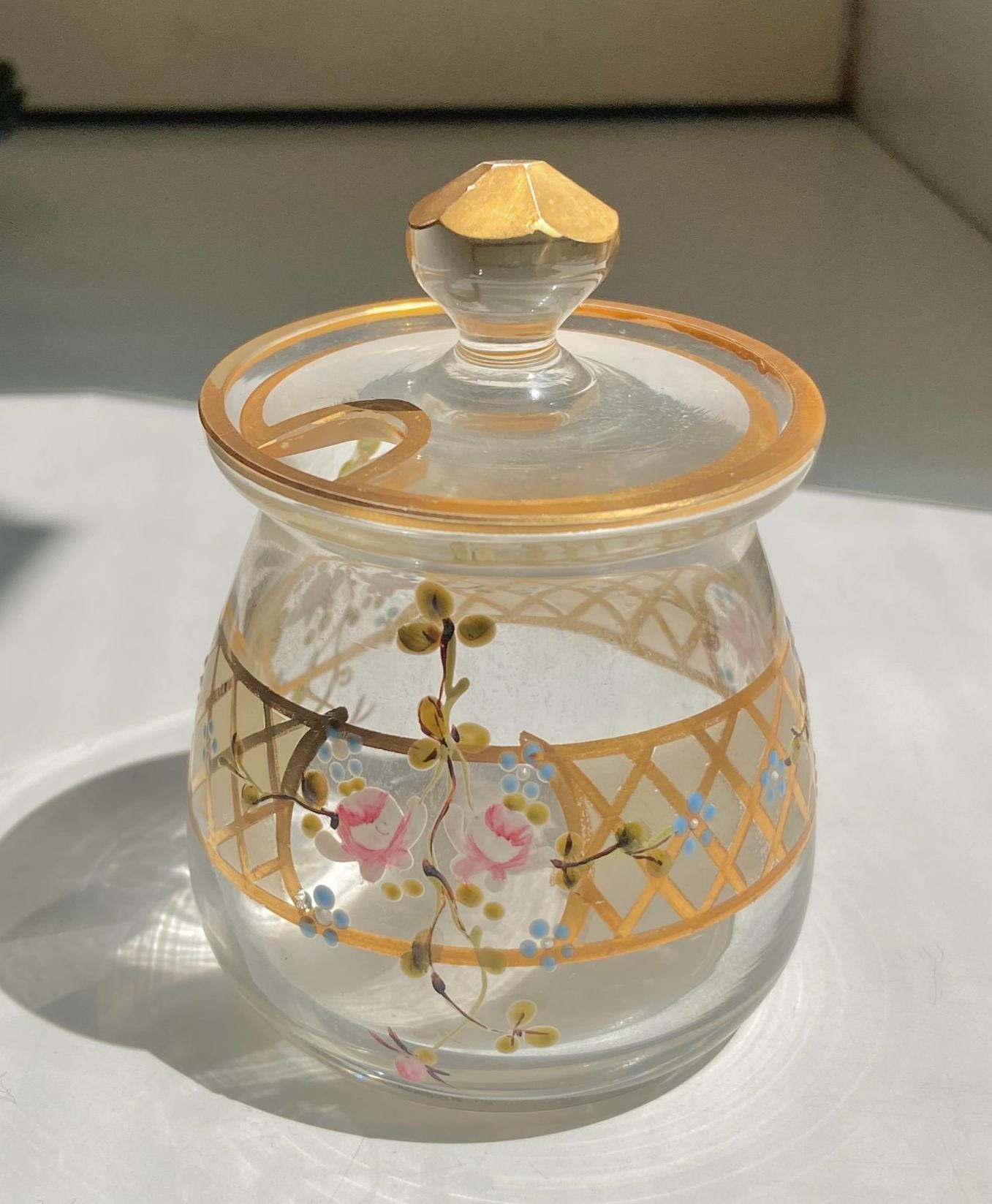 Vintage Hand-Painted Floral Glass Dessert Set: Gilt Sunburst Bowls & Jar