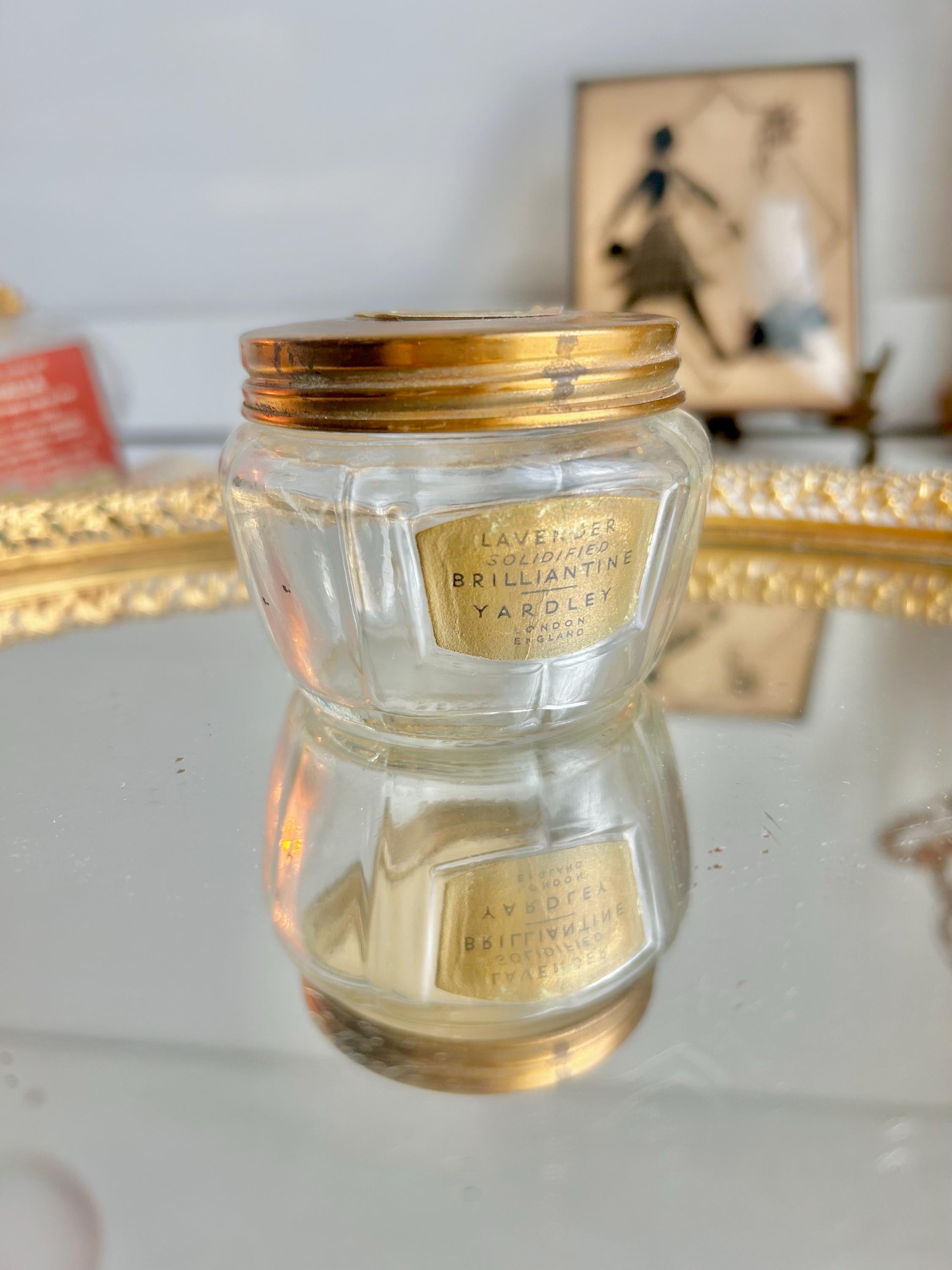 Vintage Yardley Lavender Brilliantine Jar: Clear Glass, Brass Lid