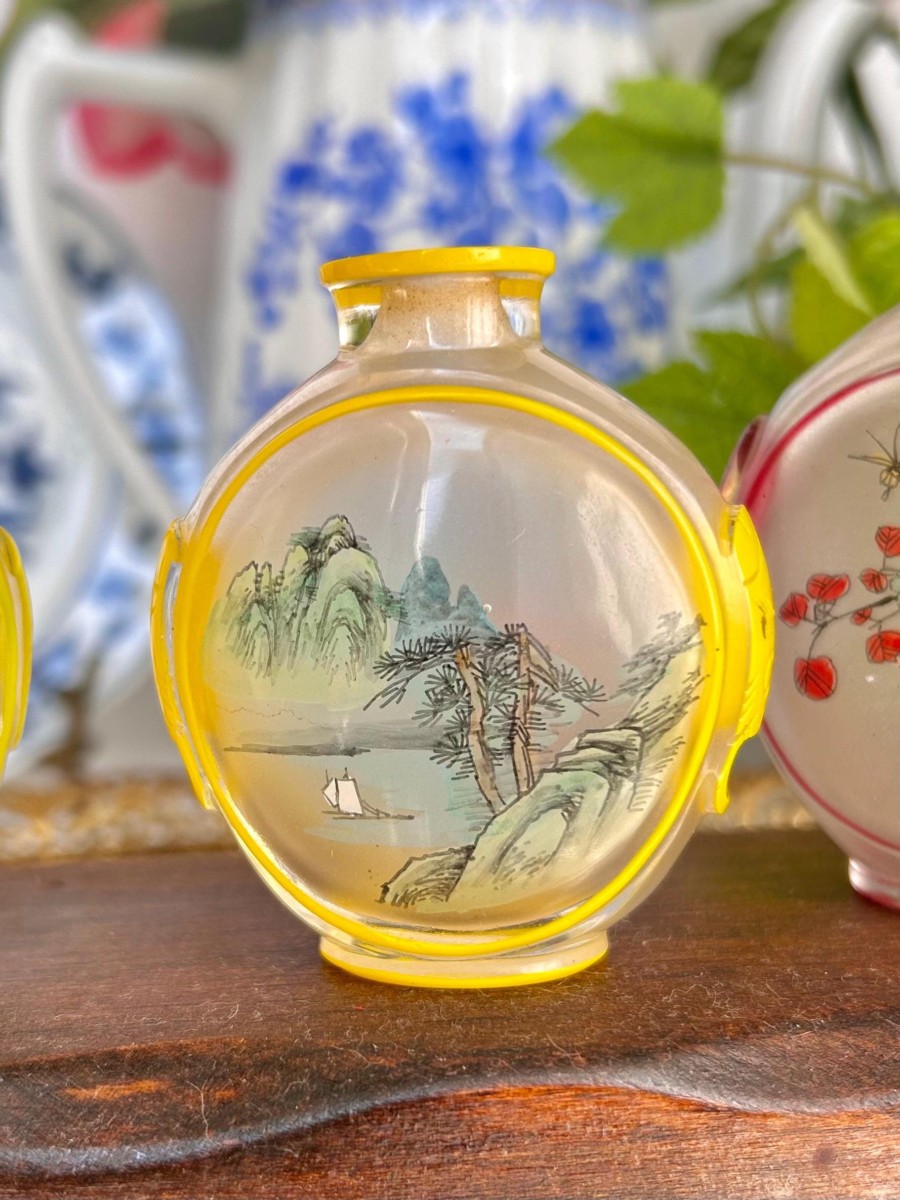 Vintage Chinese reverse Painted Carved Glass Snuff Bottles, 2-3 inch, Sold Individually