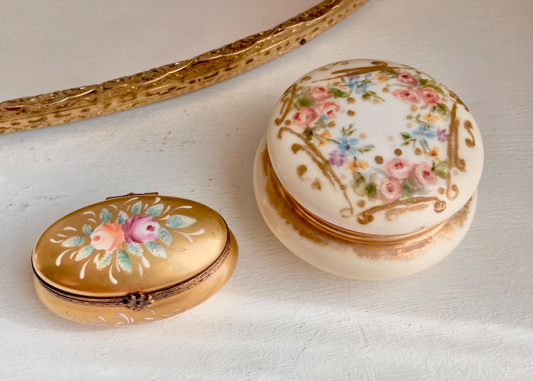 Vintage Limoges Porcelain Lidded Box: Hand-Painted Floral Gilt Jewelry Box