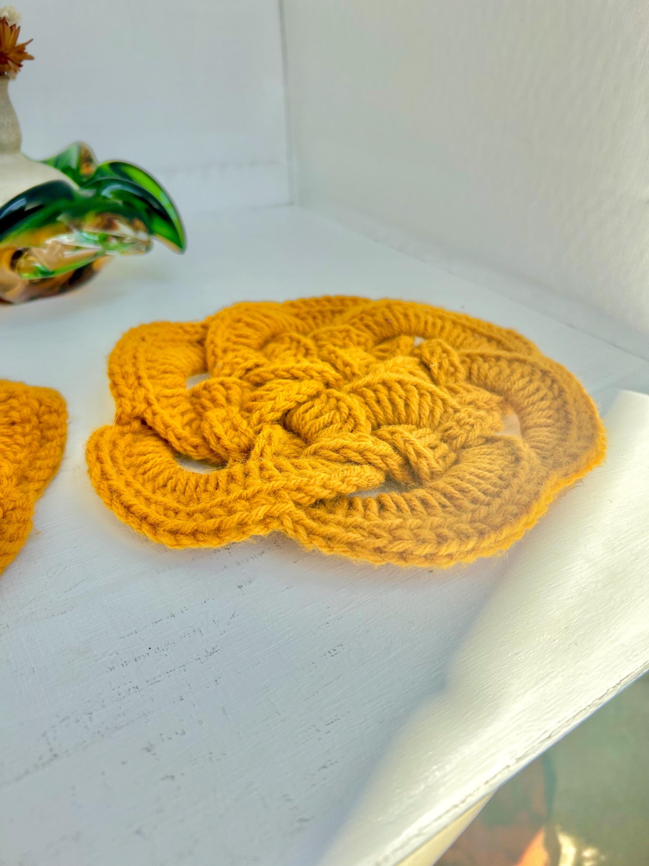 Vintage Crocheted Trivets: Mustard Yellow Braided Coasters, Set of 3