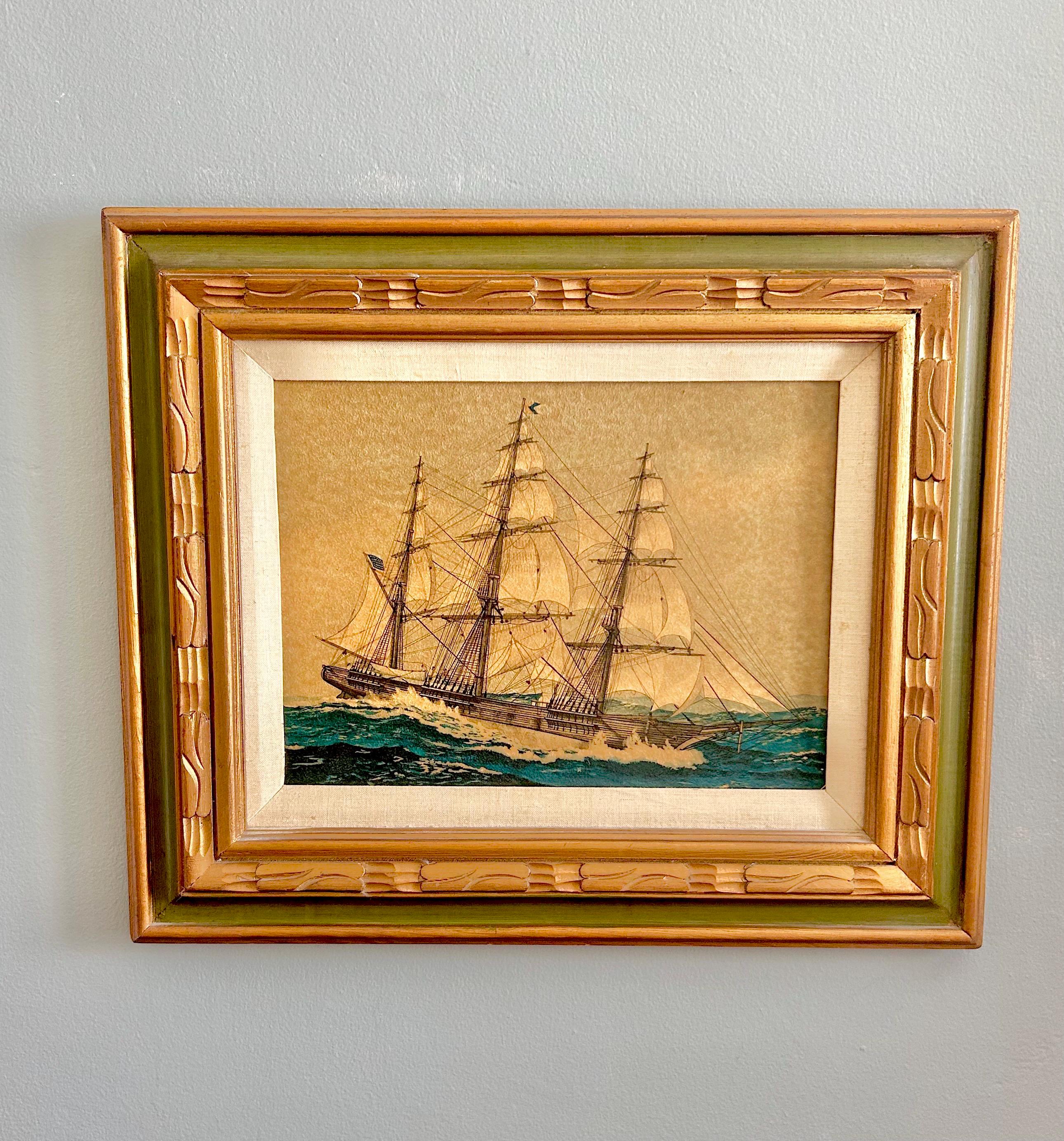 Vintage Sailboat Print: Textured Maritime Art in Gilt Olive Frame