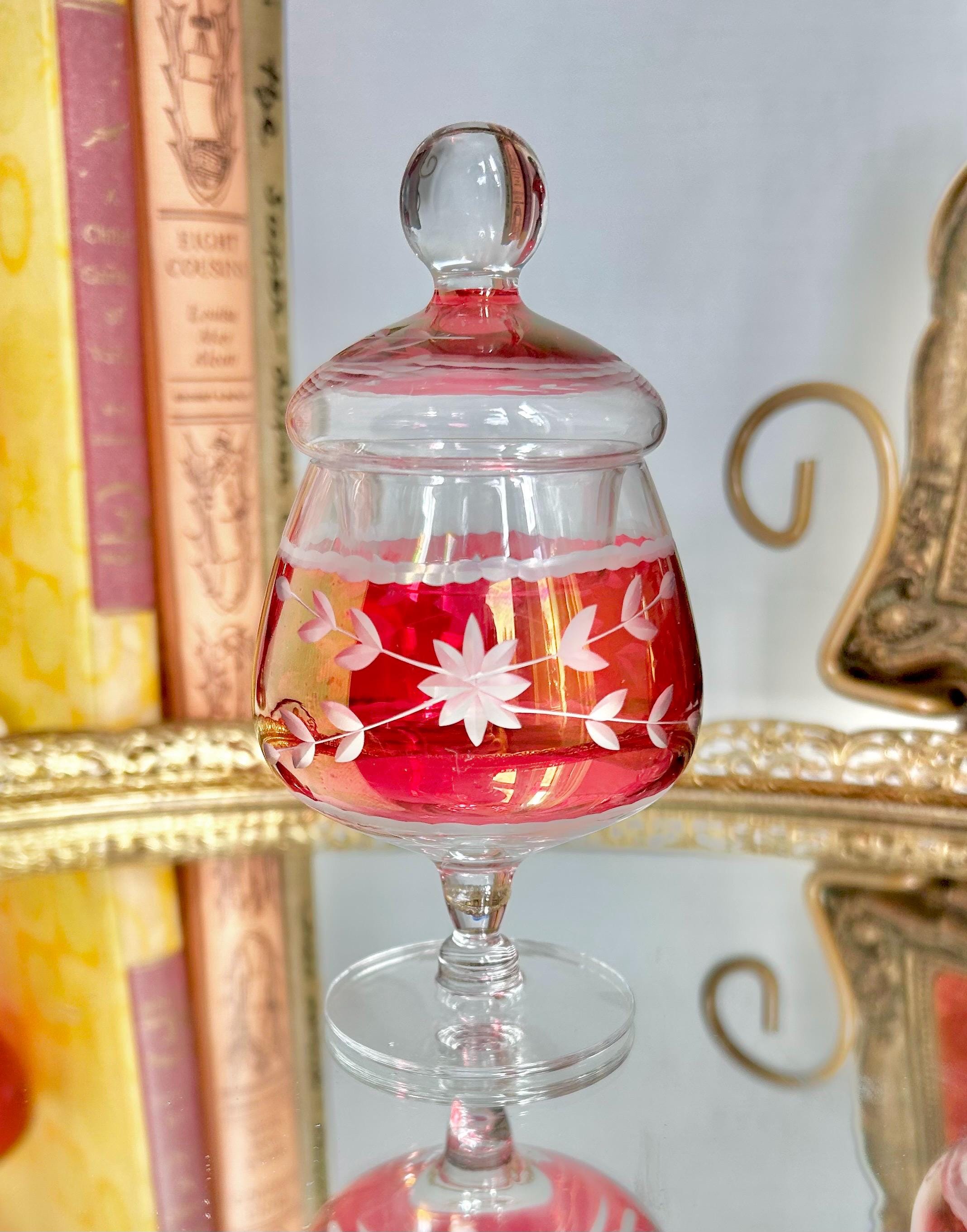 Vintage Cranberry Cut-to-Clear Glass Canister: Bohemian Ruby Red Candy Jar