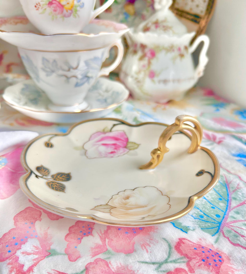 Vintage Bavaria Porcelain Finger Loop Plate: Floral Rose Serving Dish