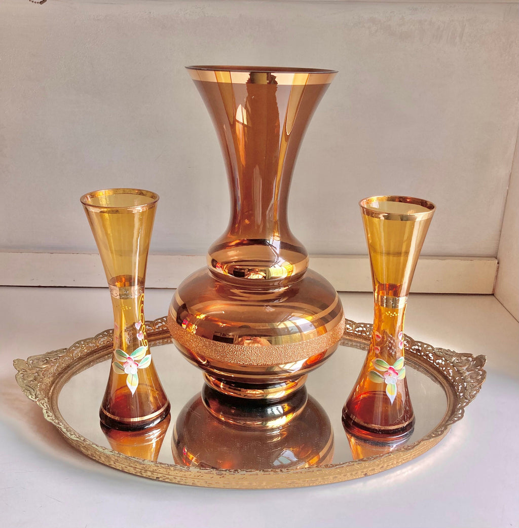 Vintage Bohemian Czech Amber and Brown Gilt Glass Vases - Choose from 2 styles