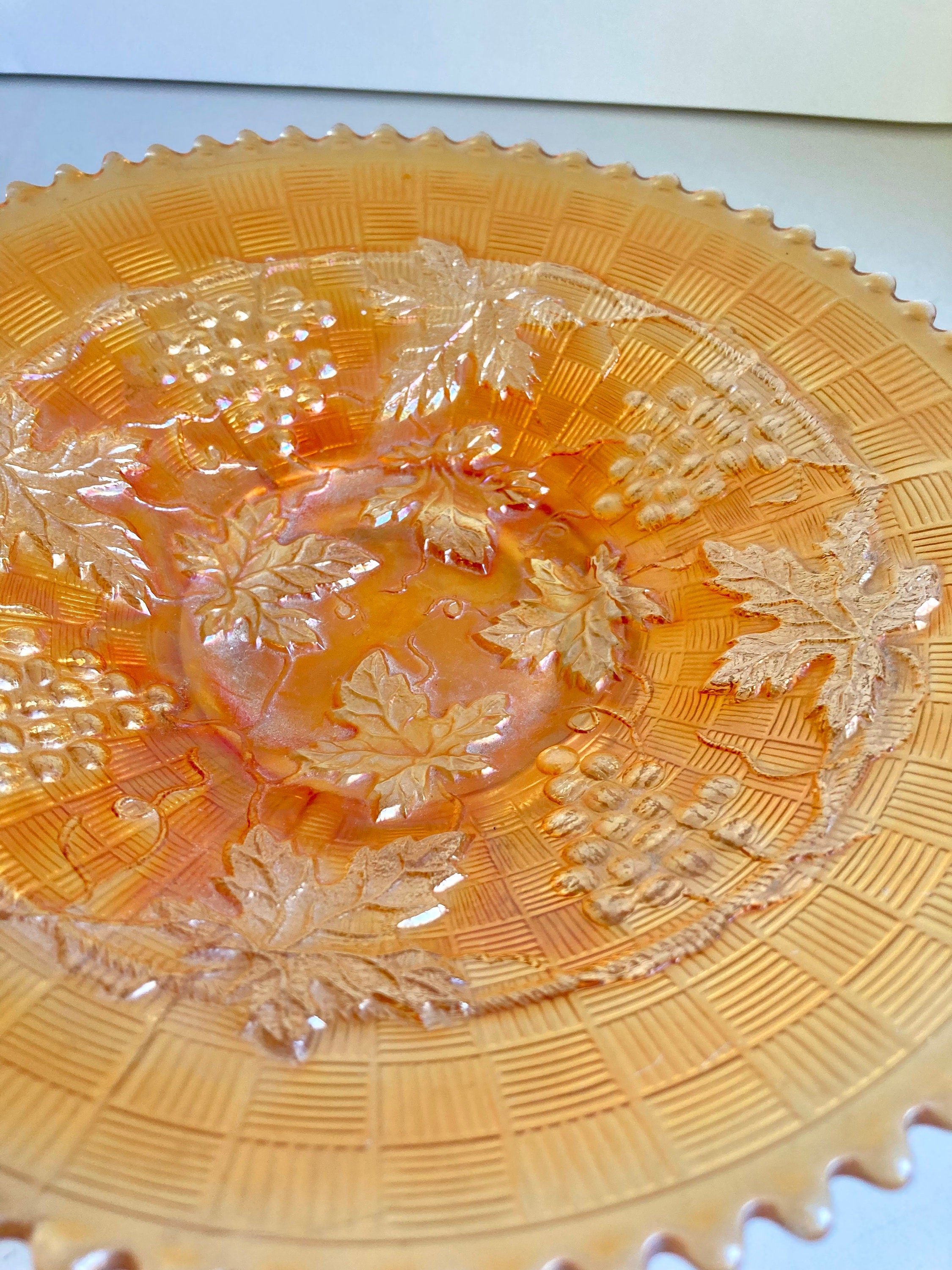 Antique Northwood Grape & Cable Basket weave Marigold Carnival Glass Plate with Sawtooth edge 9”