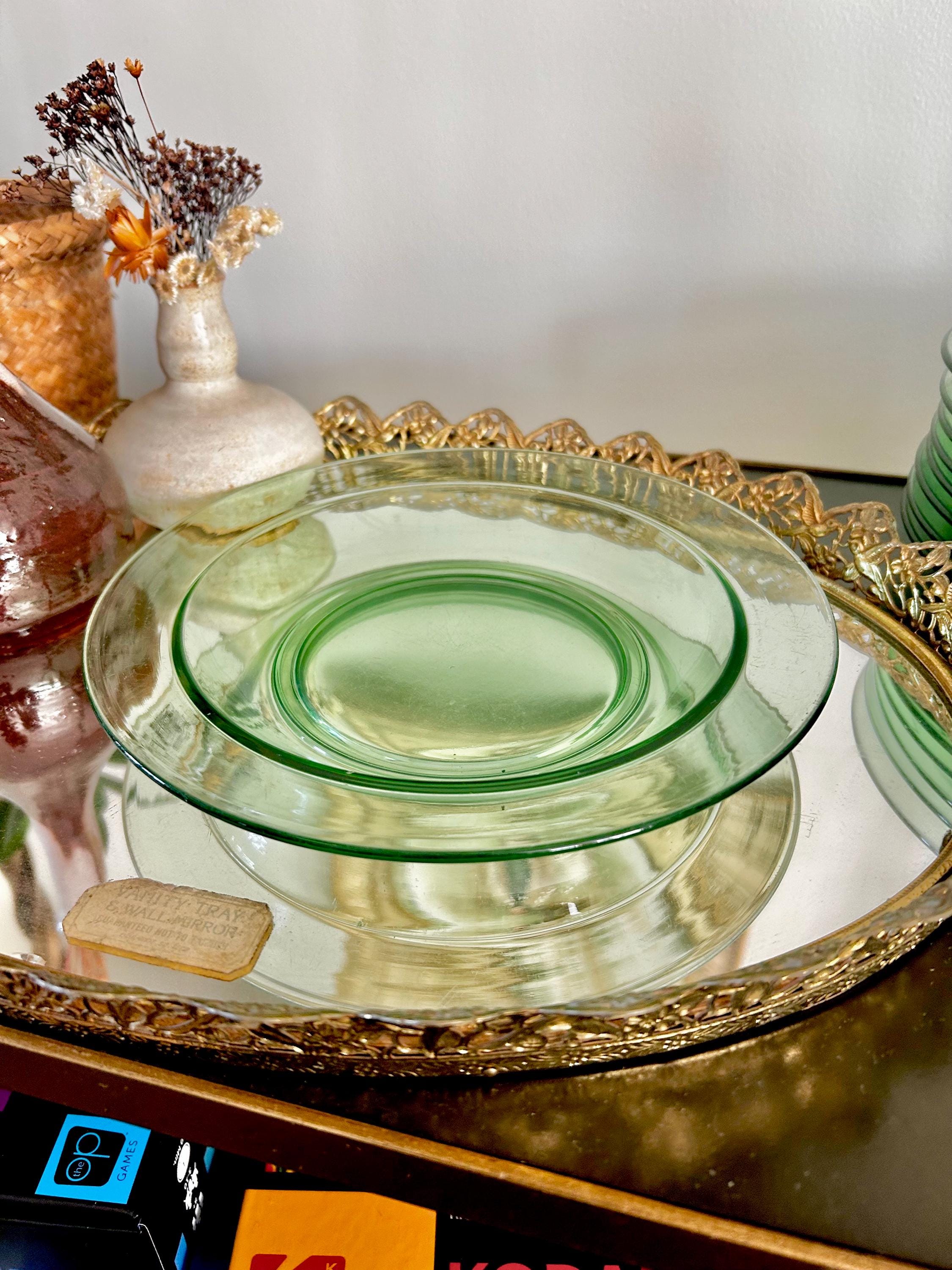 Vintage Uranium Green Heavy Pressed Glass Dish