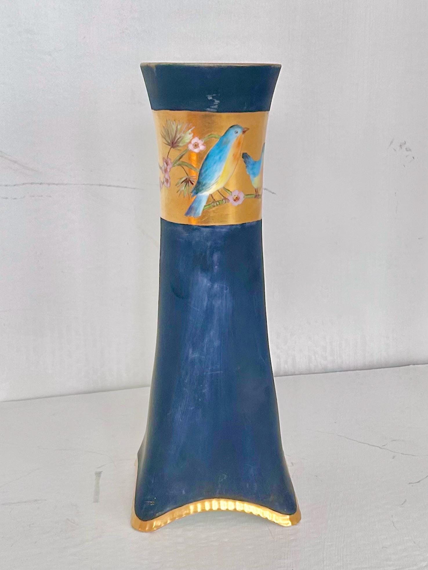 Heinrich & Co Selb Antique Vase with Bluebirds, Large Dark Blue