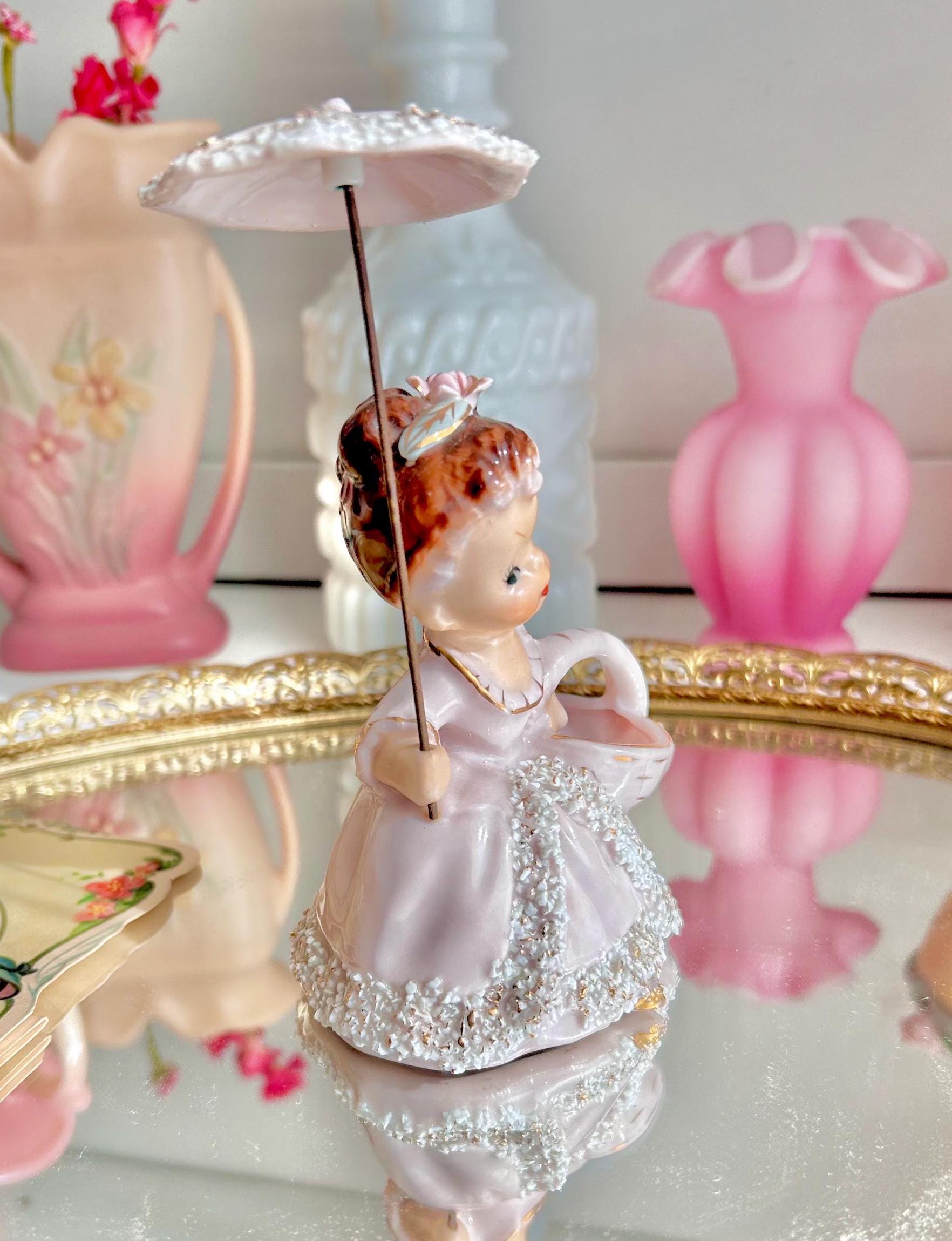 Vintage Spaghetti Porcelain Girl Figurine: Pink Dress, Parasol, Basket Vase (Hairline Crack)