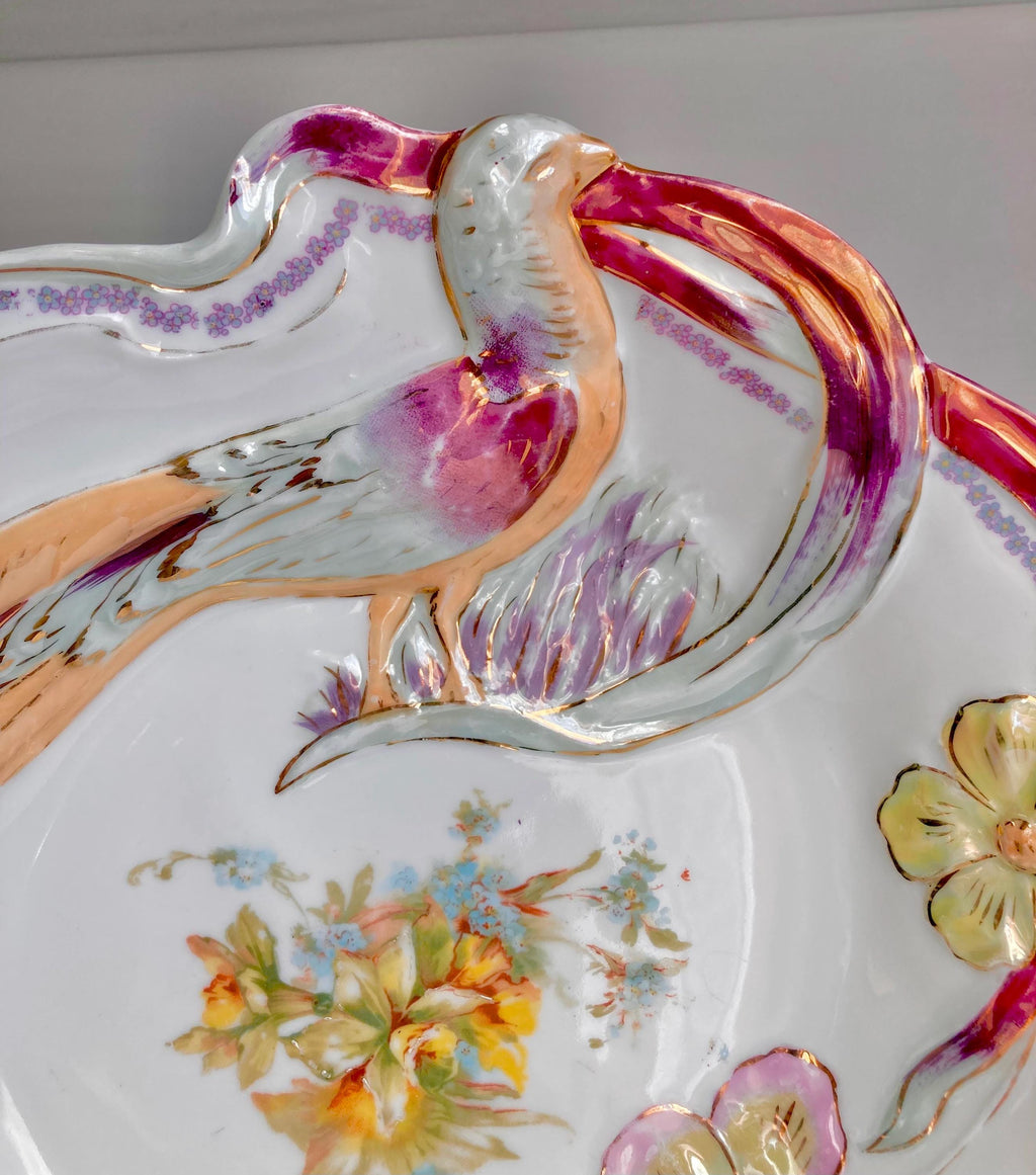Vintage Bavarian Porcelain Bowl: Hand-Painted Bird & Floral Luster Dish