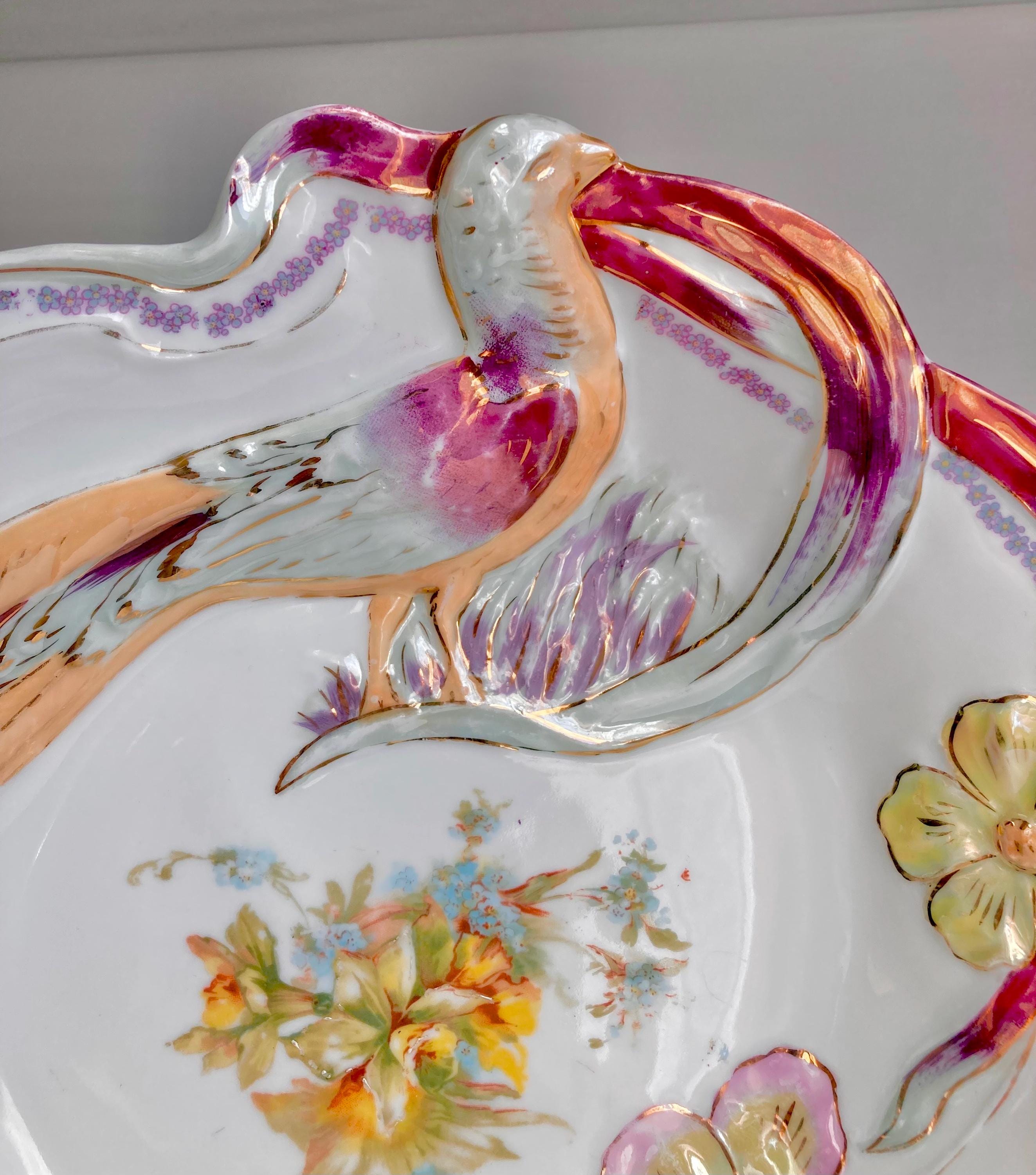 Vintage Bavarian Porcelain Bowl: Hand-Painted Bird & Floral Luster Dish