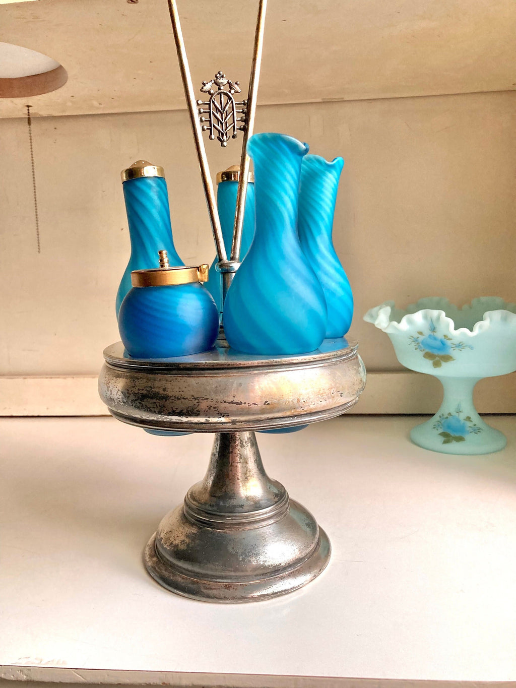 Antique Meriden Silver Plated Cruet Caddy: Sky-Blue Swirl Glass Bottles