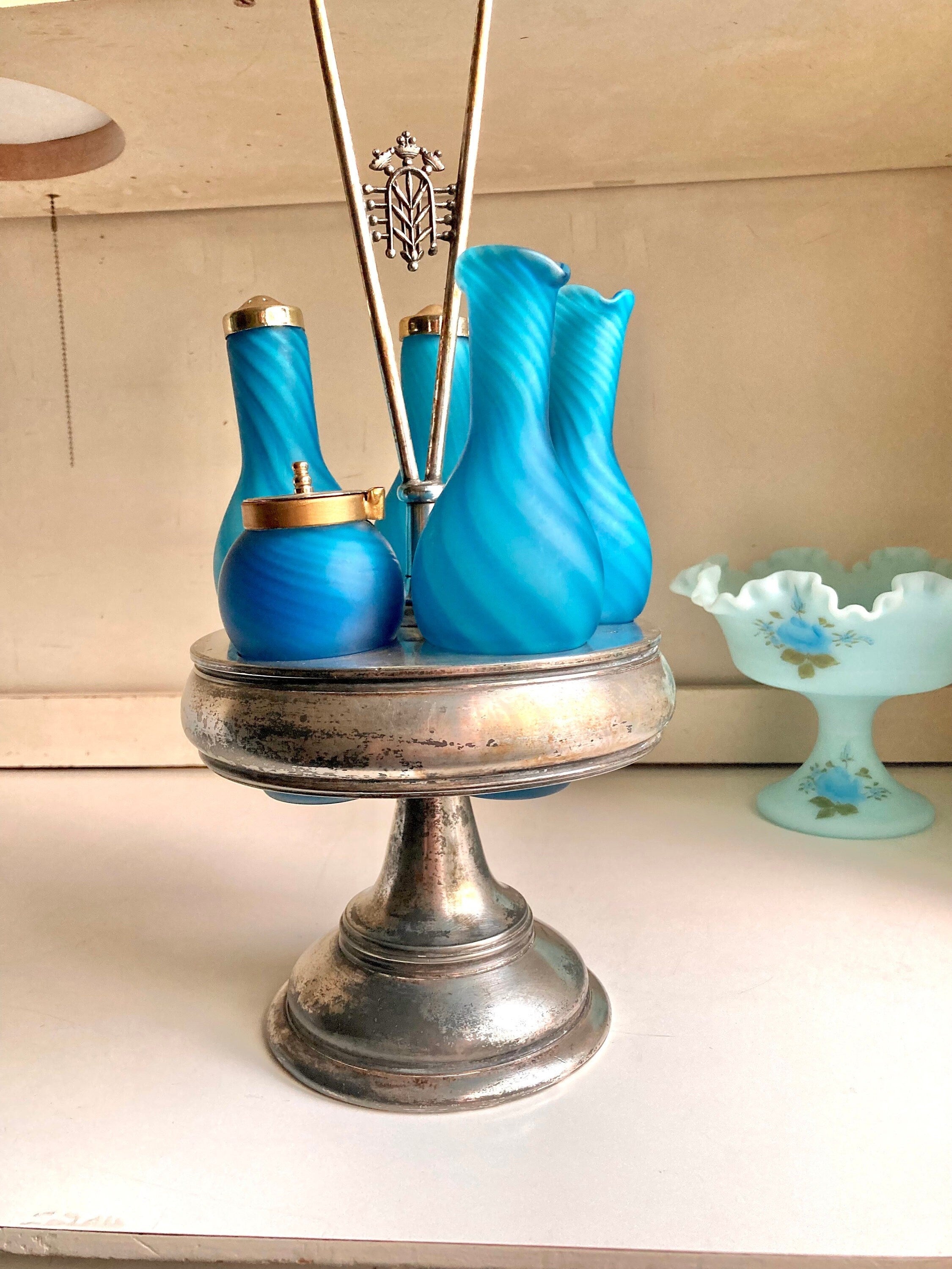 Antique Meriden Silver Plated Cruet Caddy: Sky-Blue Swirl Glass Bottles