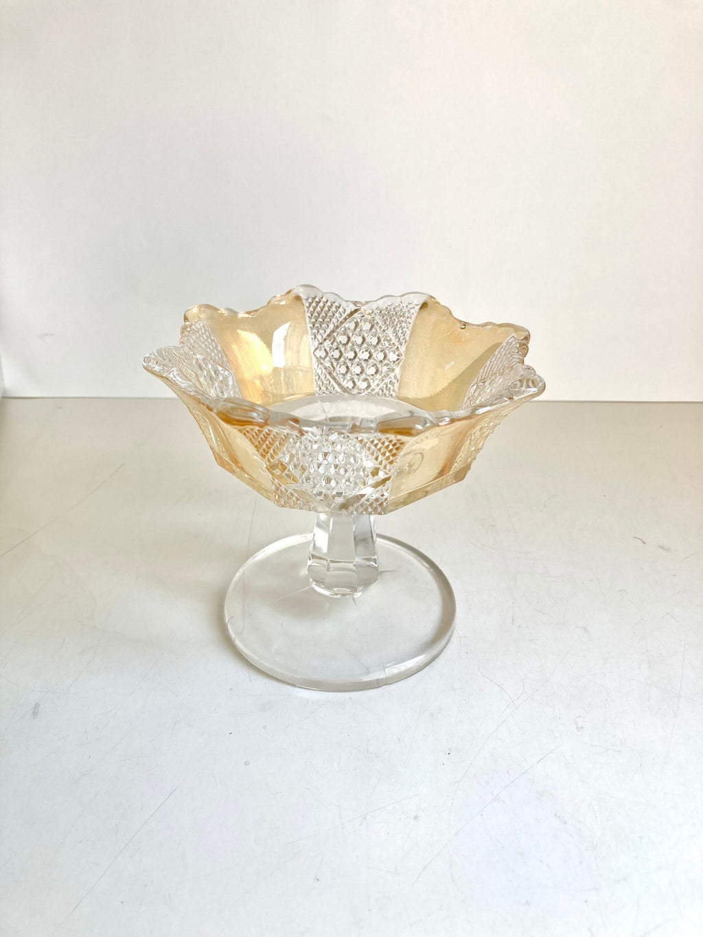 EAPG Amberette 8 Paneled Pedestal Compote Dish - Yellow and Clear, Scalloped Edge - 4.25" tall