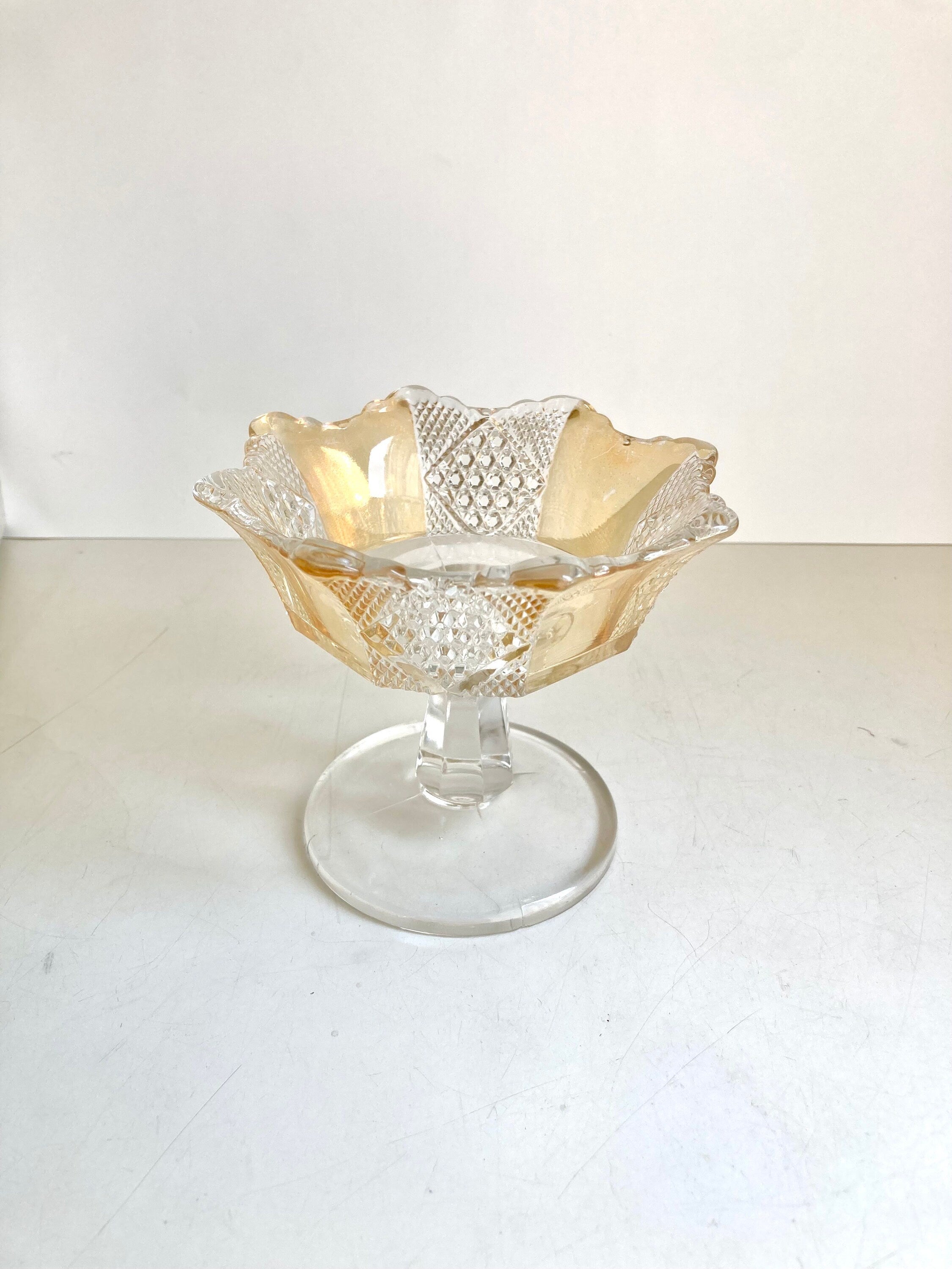EAPG Amberette 8 Paneled Pedestal Compote Dish - Yellow and Clear, Scalloped Edge - 4.25" tall