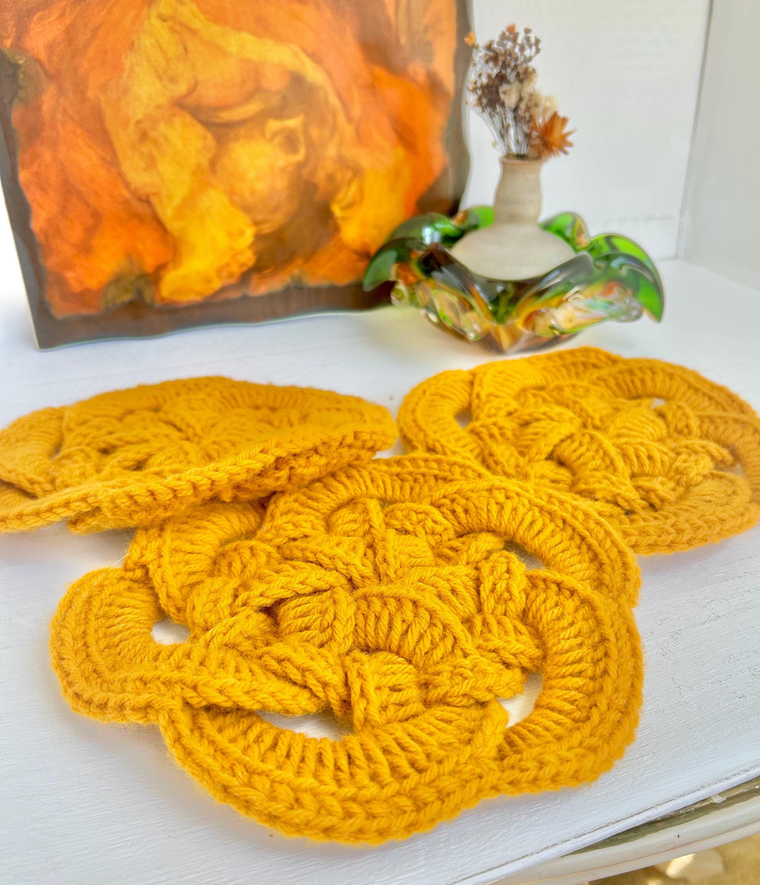 Vintage Crocheted Trivets: Mustard Yellow Braided Coasters, Set of 3