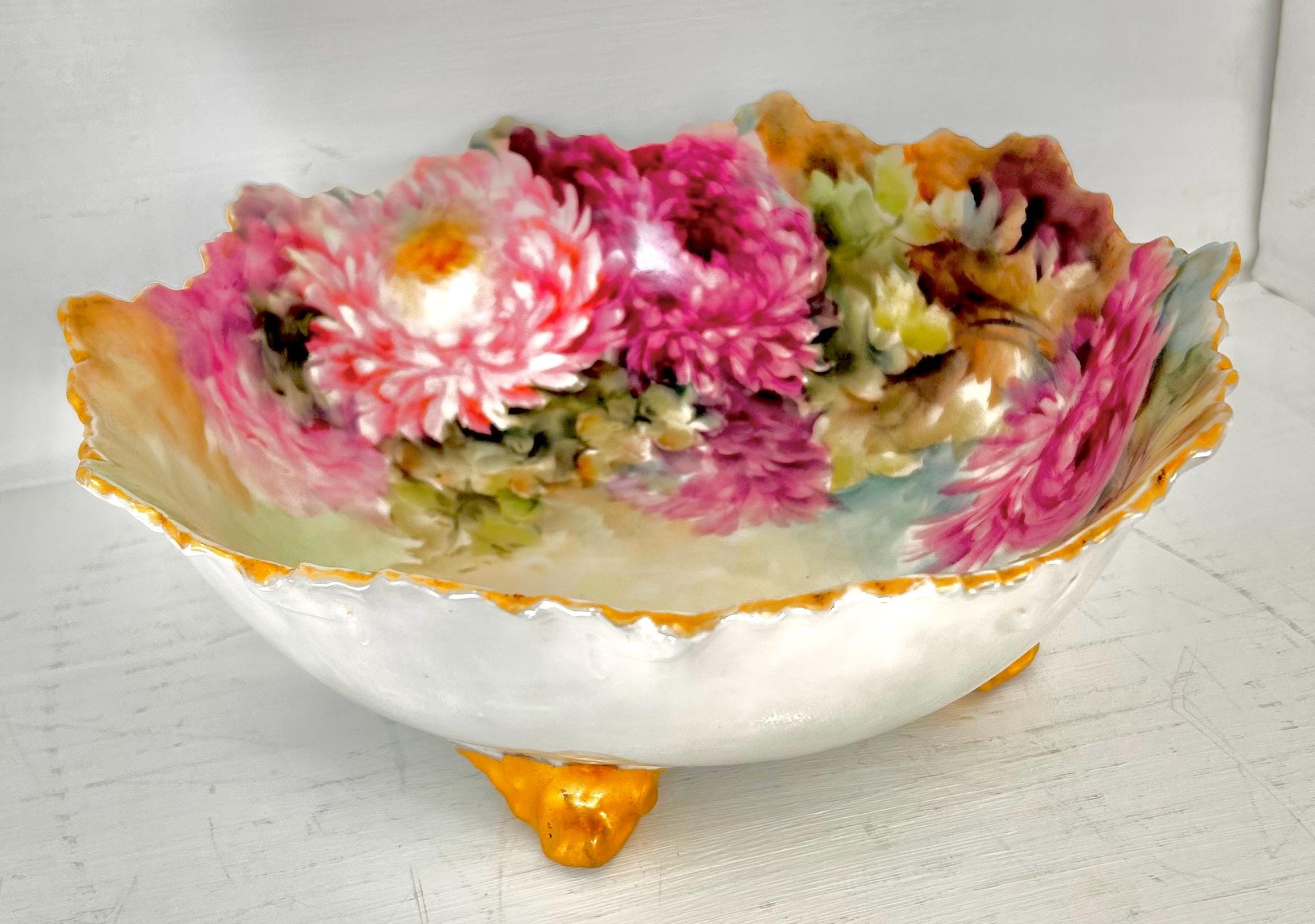 Vintage Porcelain Bowl Handpainted with Chrysanthemums, Limoges France