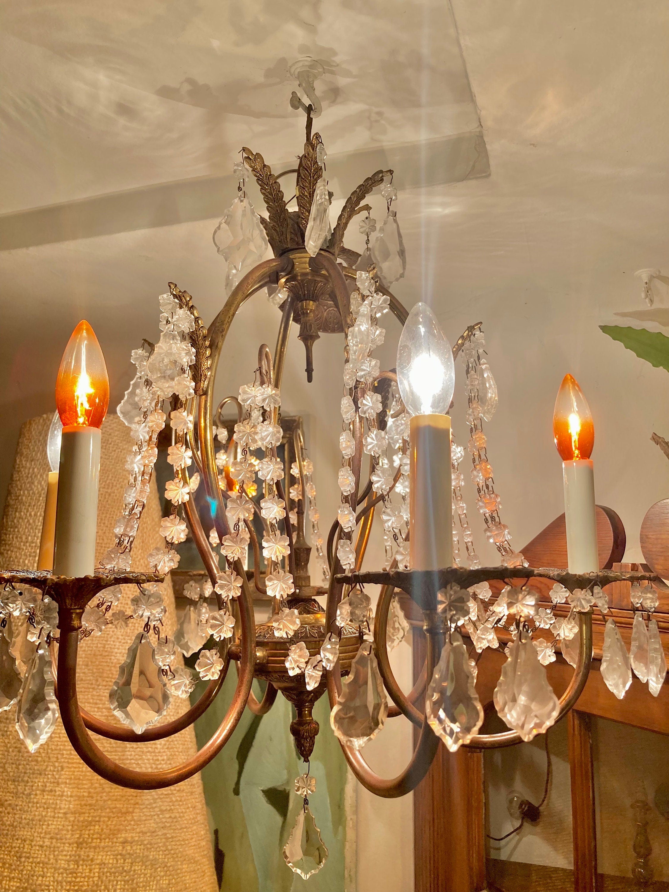 Vintage 1970s Brass and Cut Glass 6-Lamp Opulent Chandelier - Made in Spain