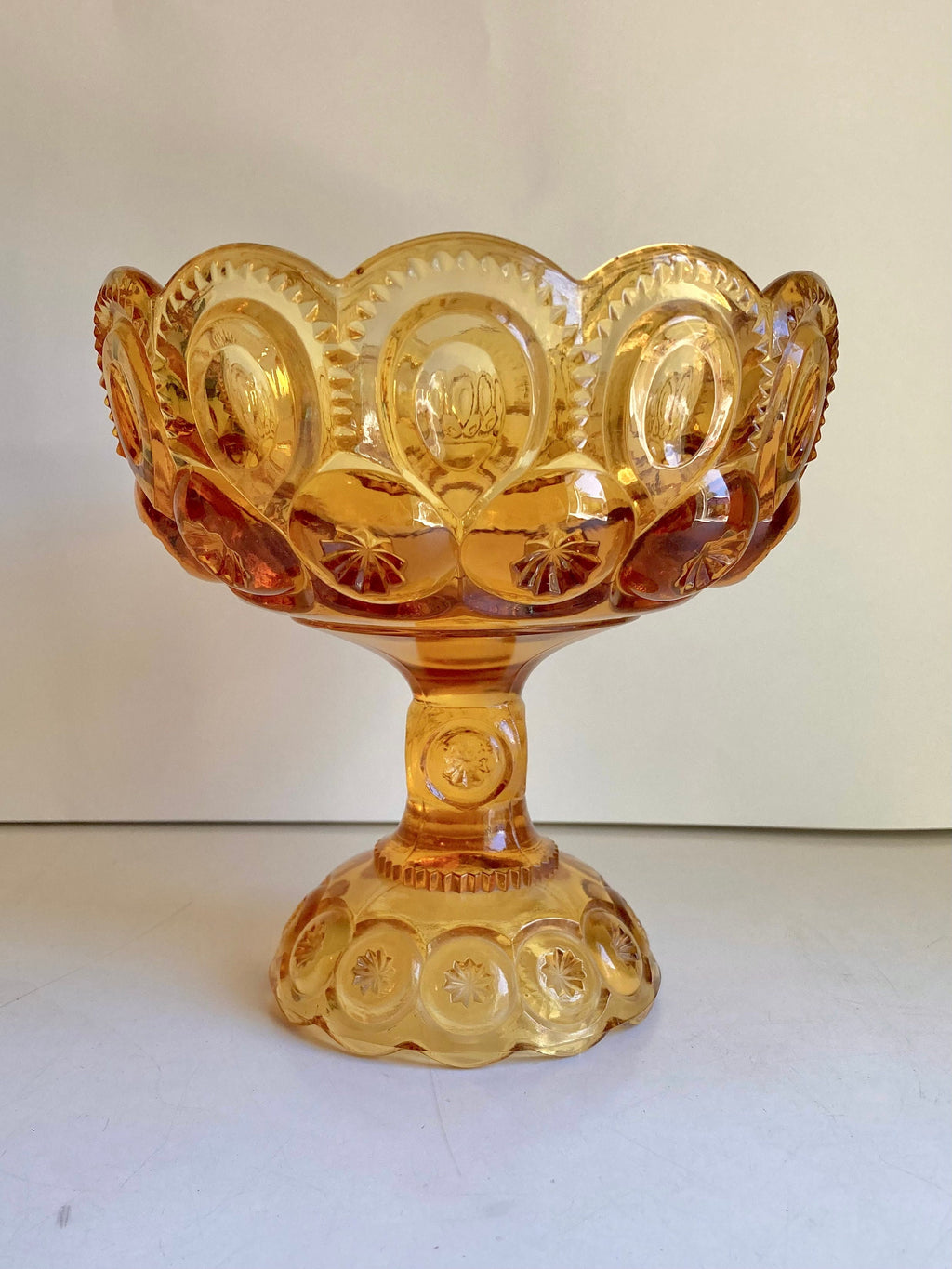 Vintage LE Smith Moon and Stars Amber Glass Pedestal Stem Compote