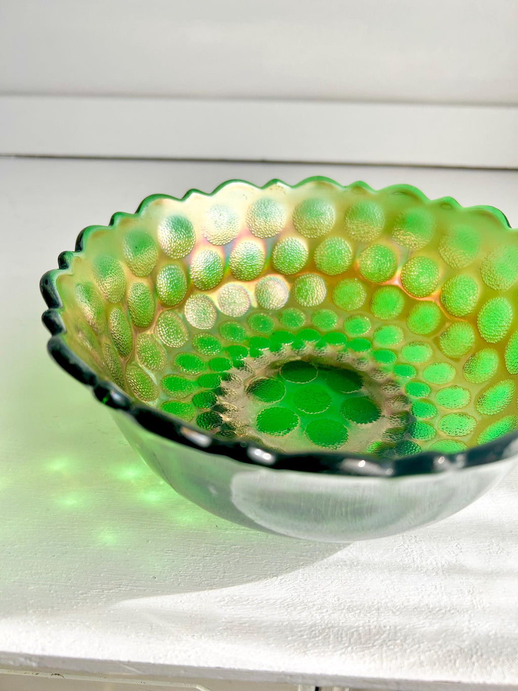 Vintage Fenton Emerald Carnival Glass Bowl: Coin Dot Pattern, Sawtooth Rim