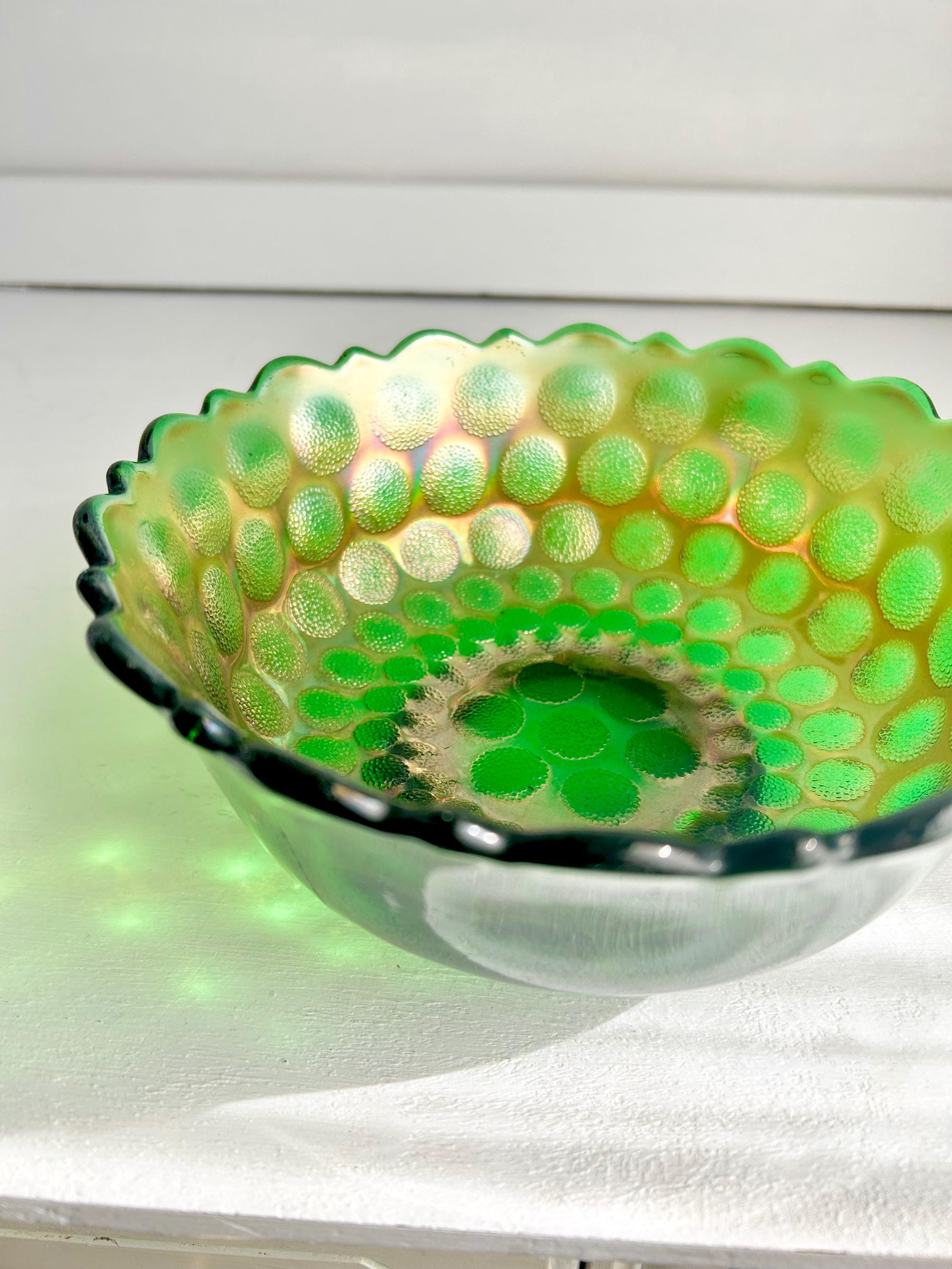Vintage Fenton Emerald Carnival Glass Bowl: Coin Dot Pattern, Sawtooth Rim