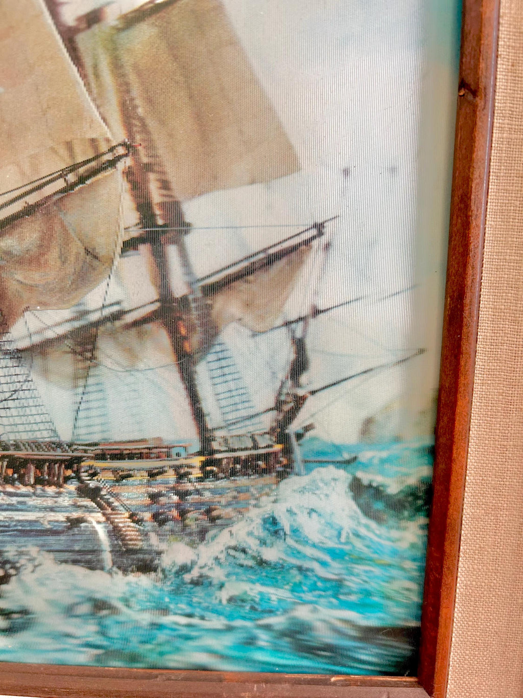 Vintage Lenticular Sailboat Art: 3D Hologram, Wood & Linen Frame