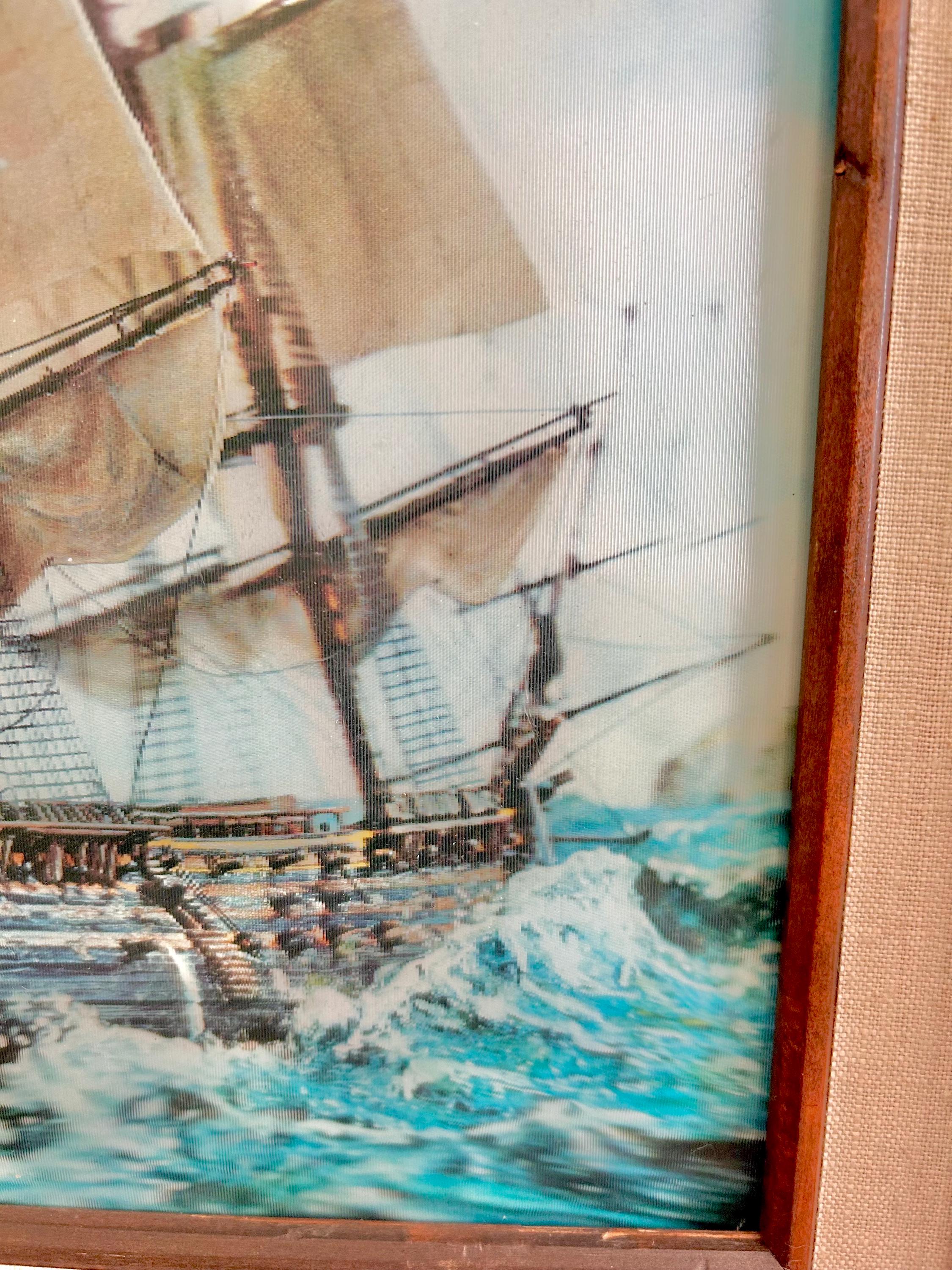 Vintage Lenticular Sailboat Art: 3D Hologram, Wood & Linen Frame