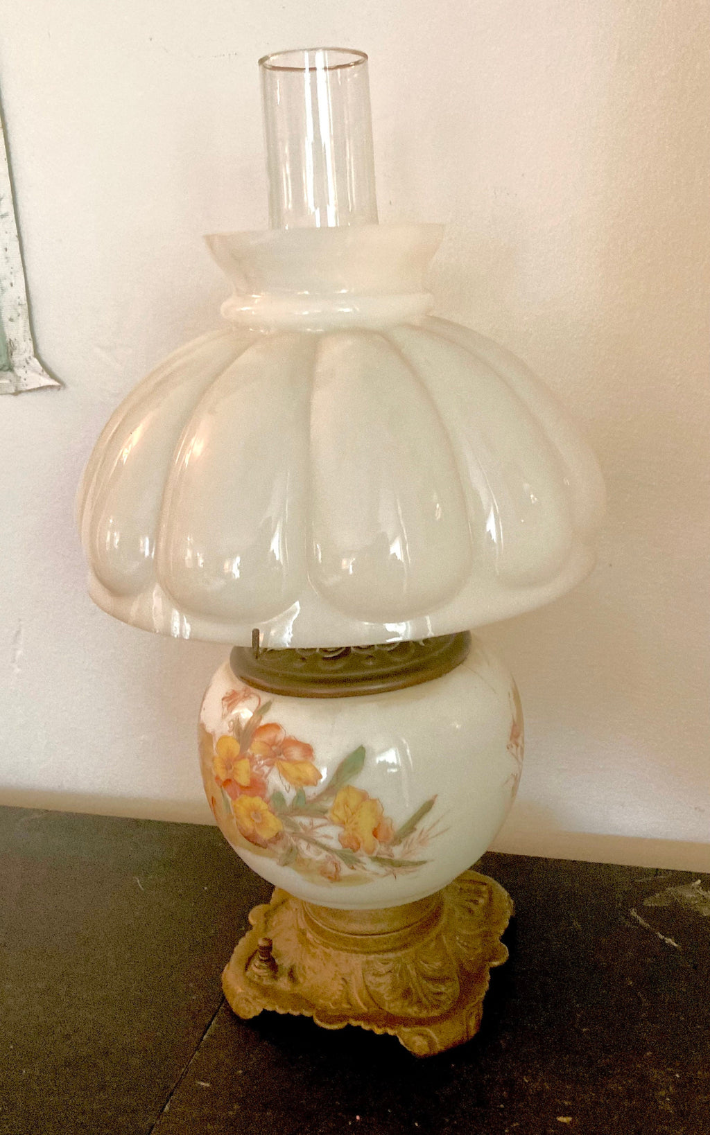 Vintage Floral Milk Glass Lamp - Converted Brass Oil Lamp