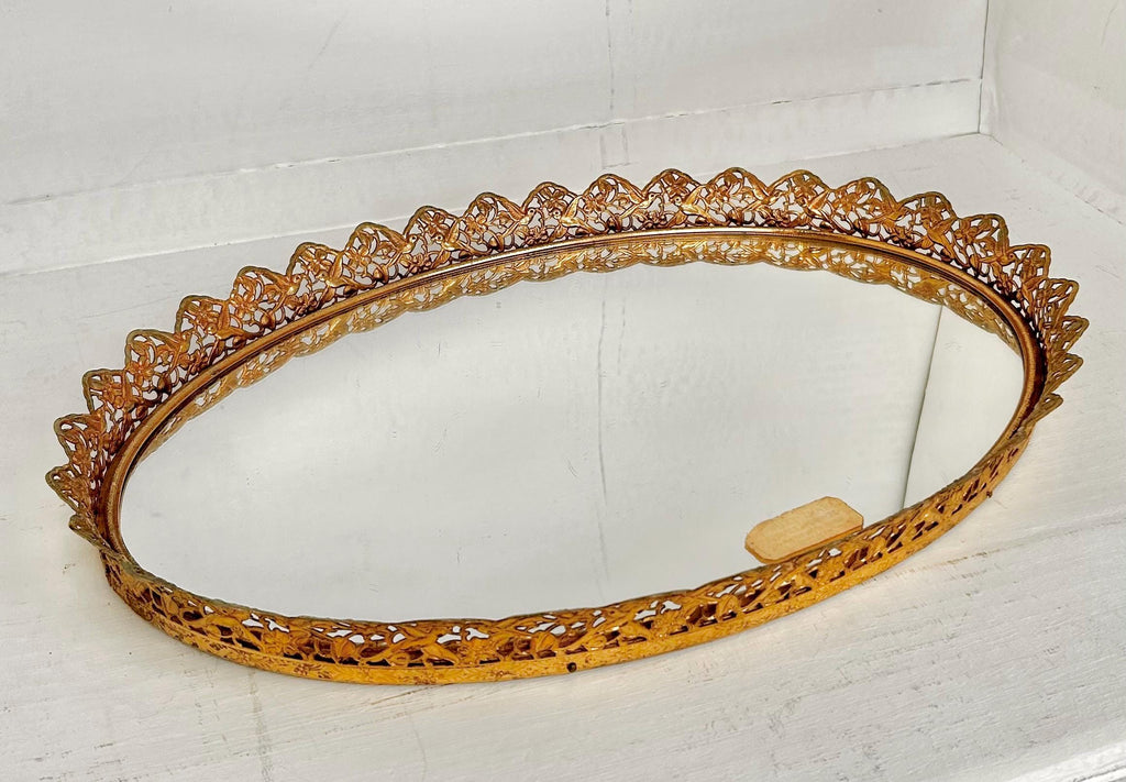 Vintage Gilt Oval Mirror Tray: Gold Floral Bird Frame