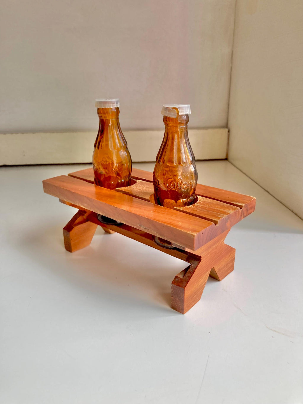 Vintage Salt and Pepper Shaker Set with Coca Cola Bottles and wooden Picnic Table