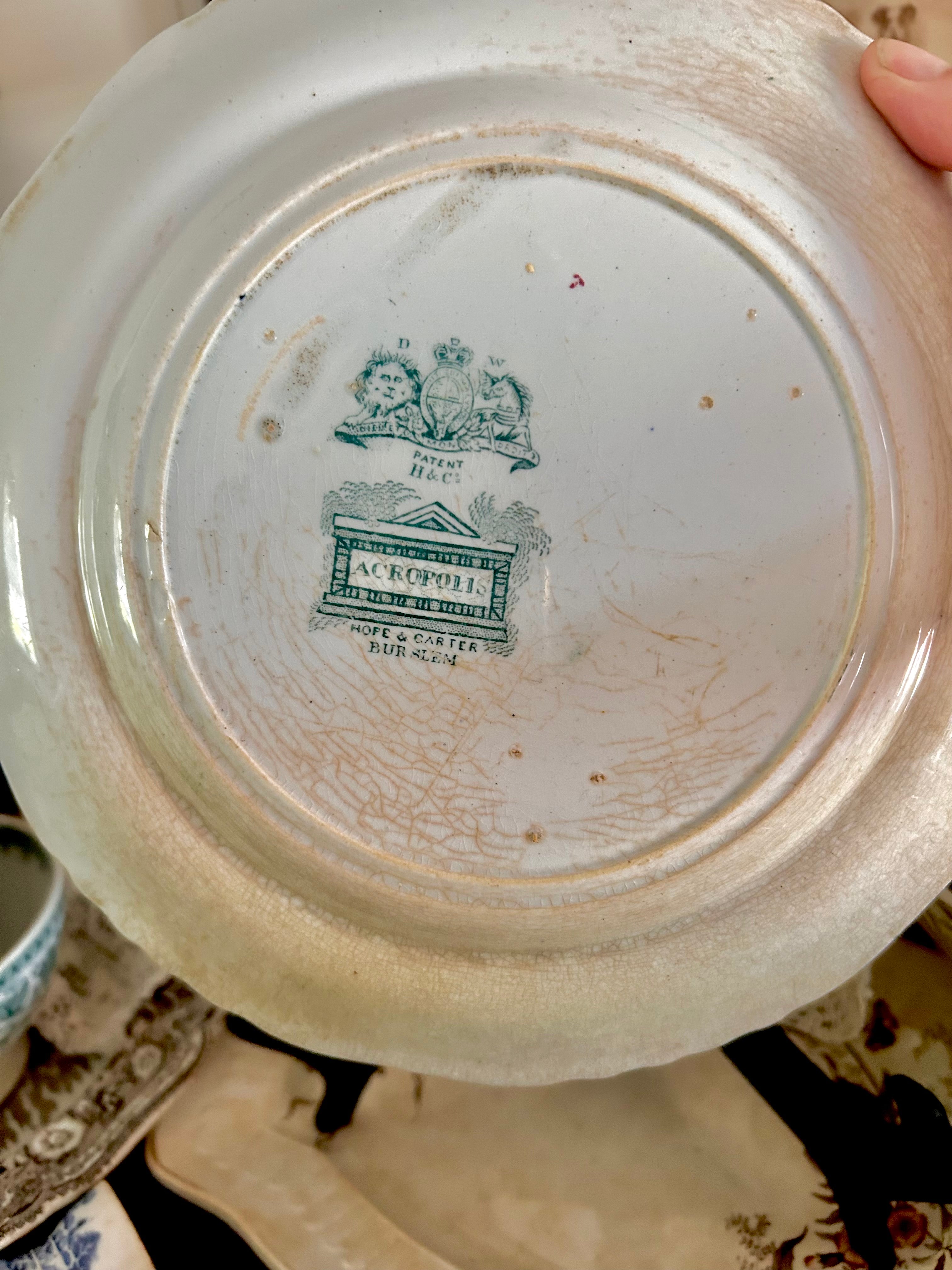 Antique Stained Worn Ironstone Transferware Dishes
