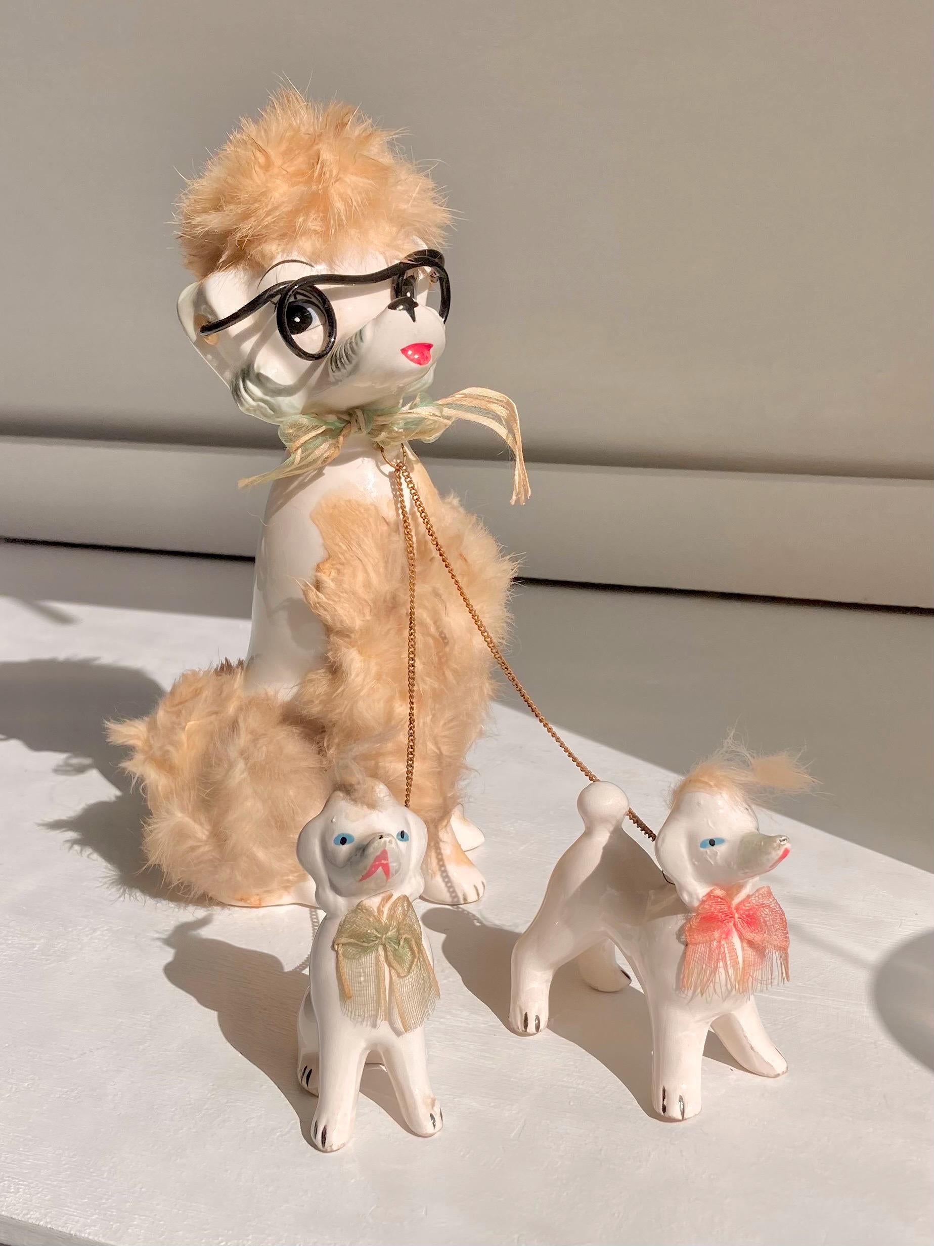Midcentury Anthropomorphic Ceramic White Poodle mom + 2 pups - Japan