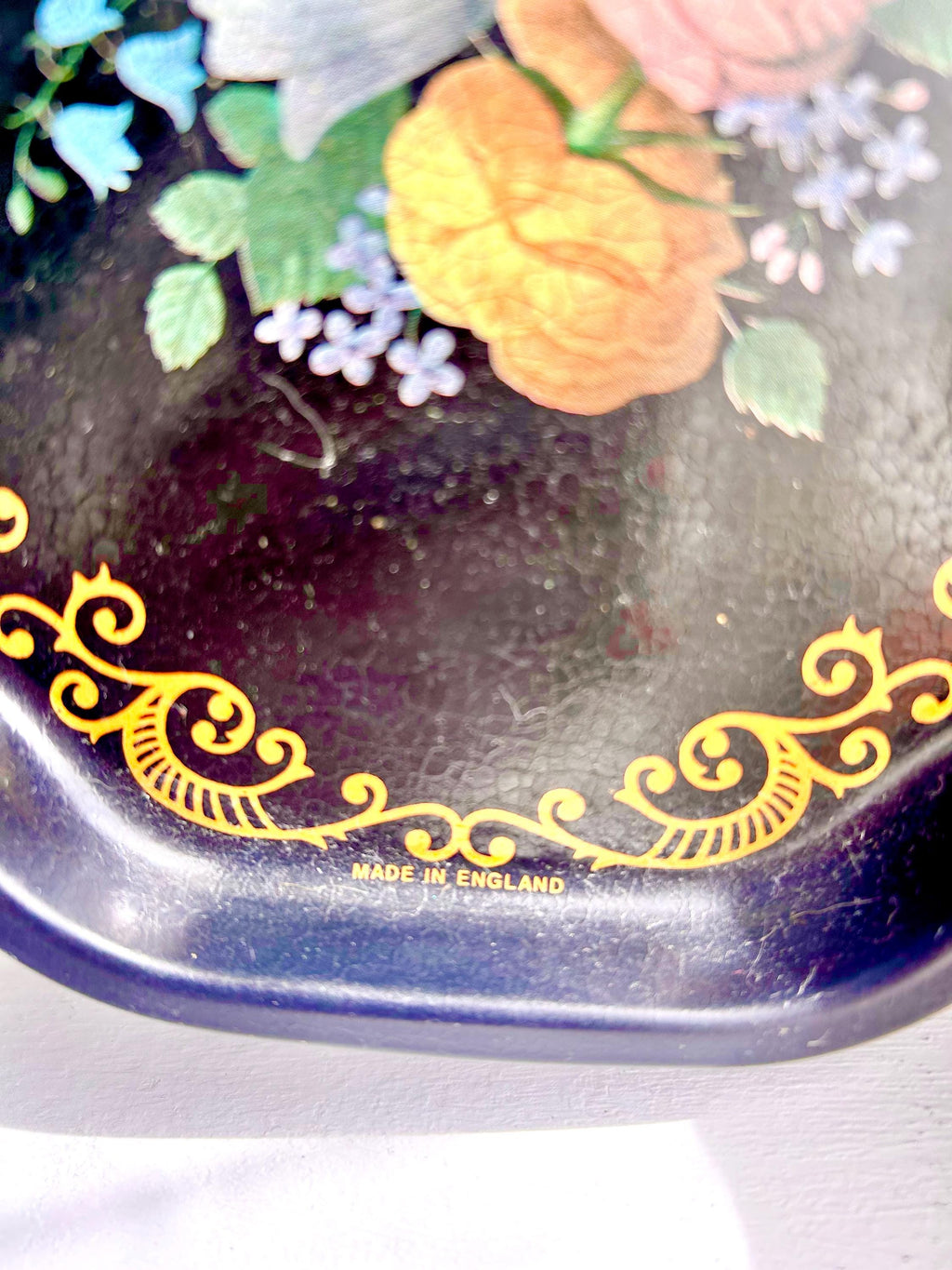 Vintage Floral Tray: Black & Gold Filigree, Made in England (7 Inch)