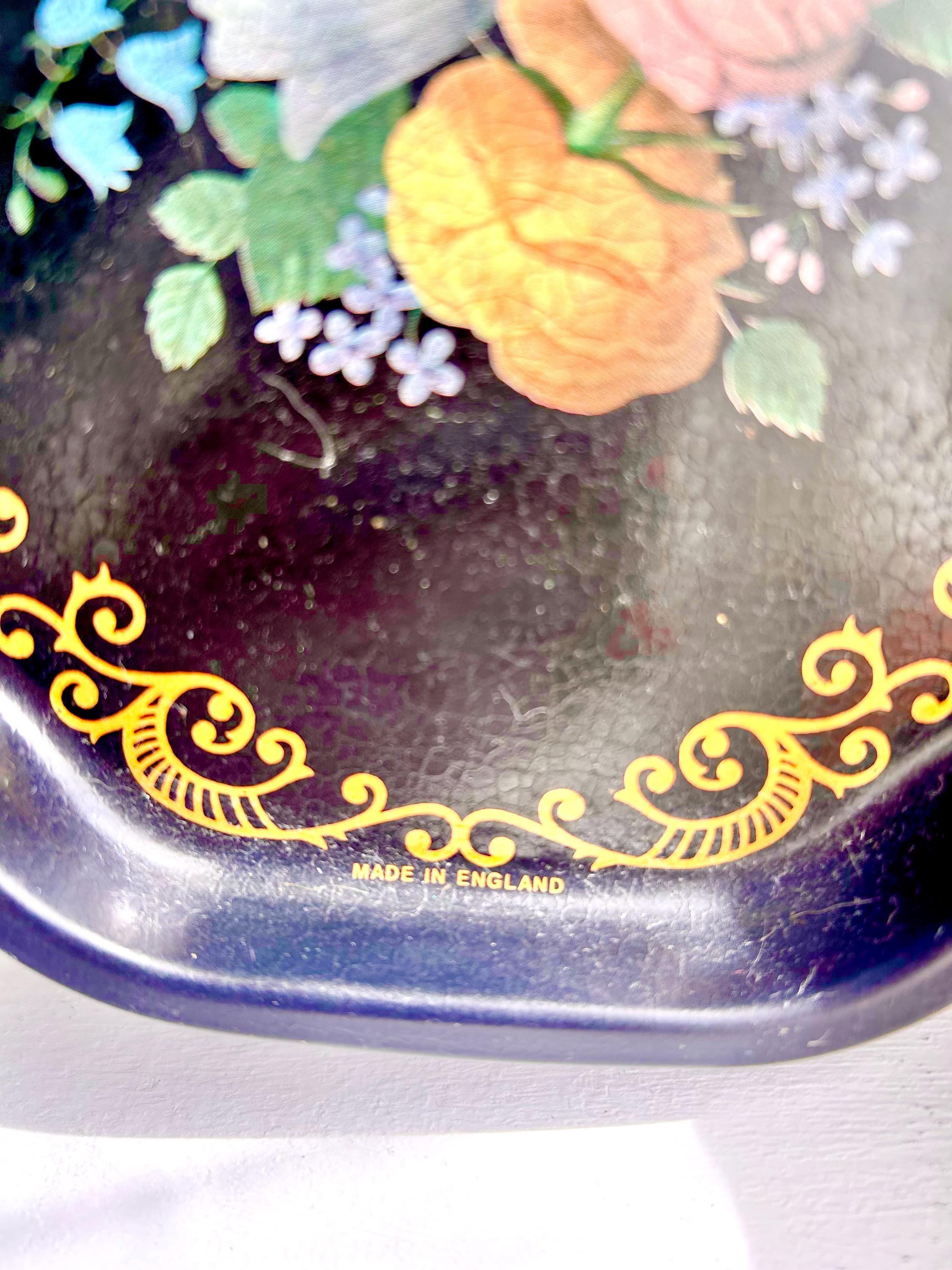 Vintage Floral Tray: Black & Gold Filigree, Made in England (7 Inch)