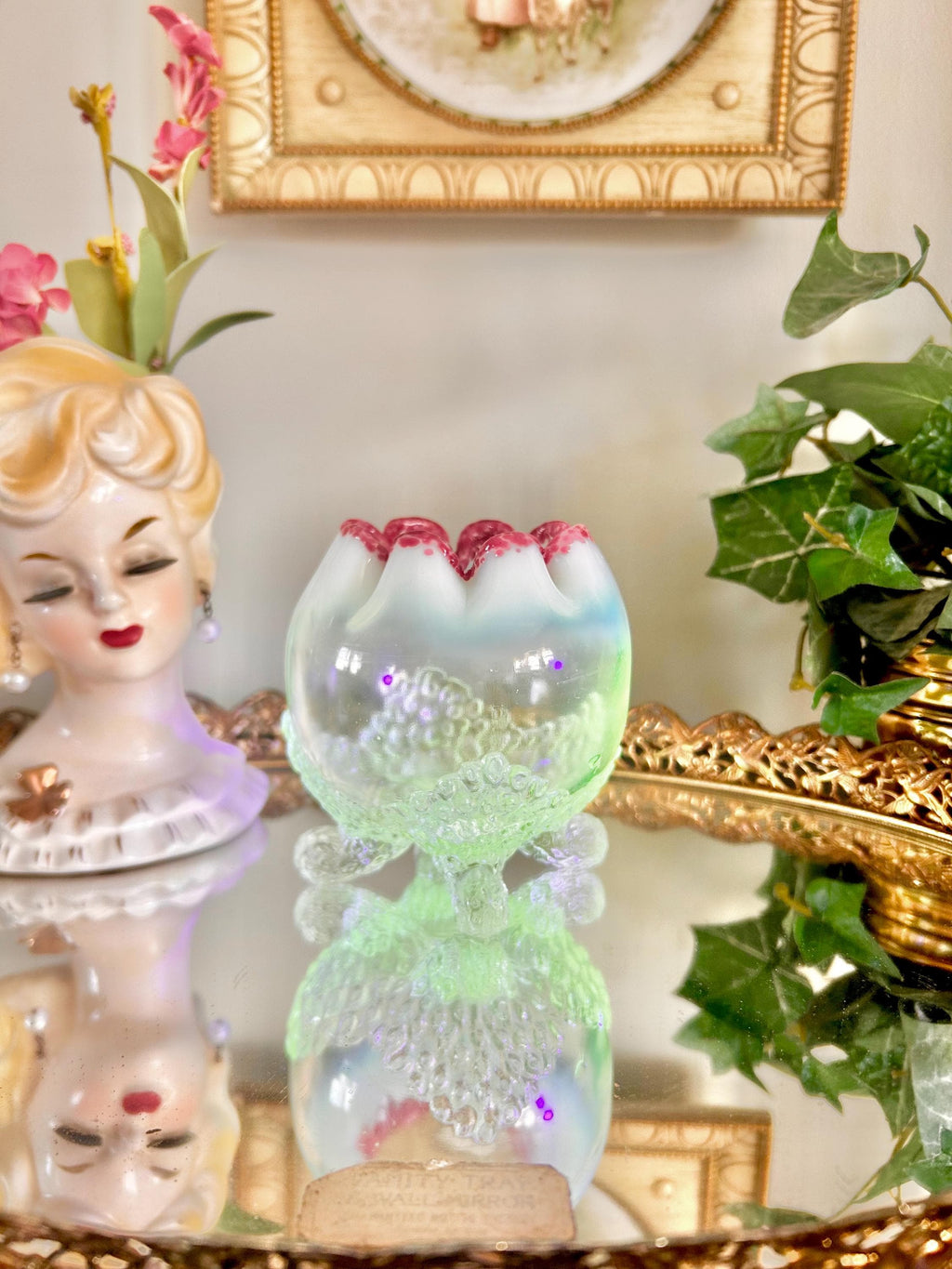 Antique EAPG Uranium Clear and Opalescent Glass Footed Rose Bowl with Pink Edge
