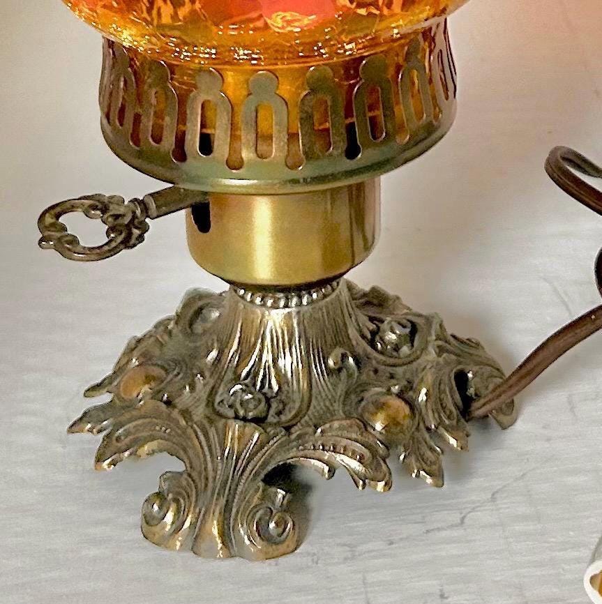 Vintage Amberina Crackle Glass Hurricane Lamp: Brass Base, Ruffled Shade