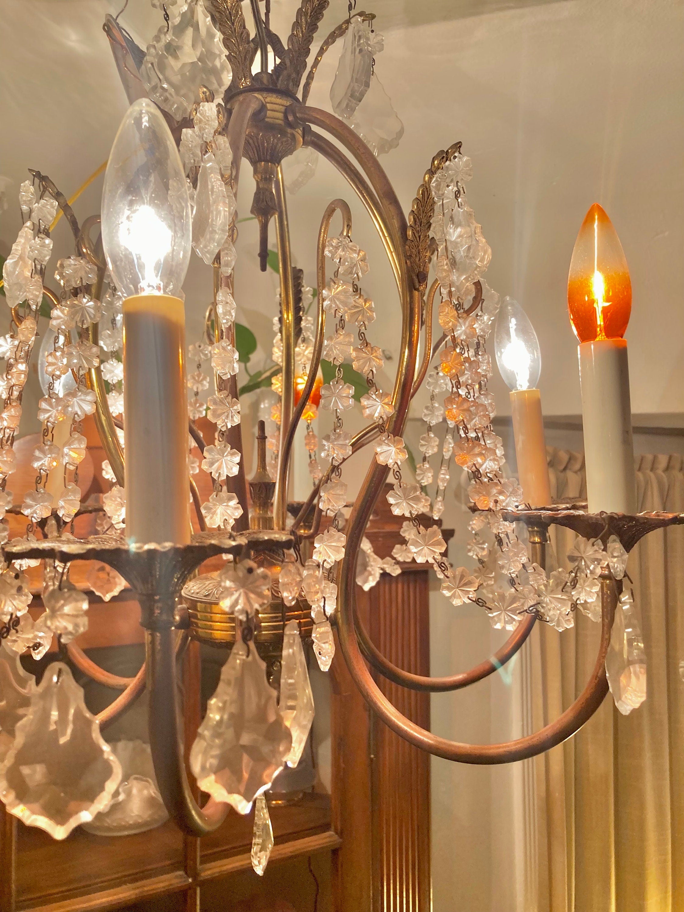 Vintage 1970s Brass and Cut Glass 6-Lamp Opulent Chandelier - Made in Spain