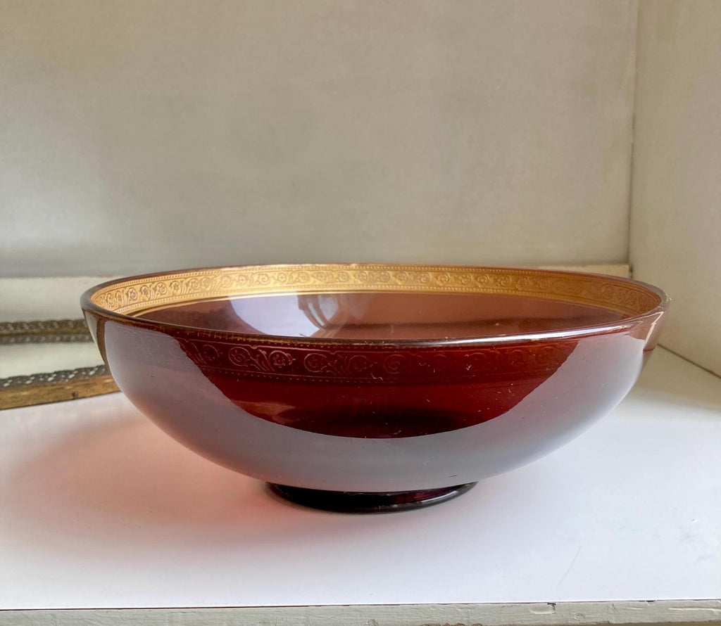 Vintage Purple Amethyst glass 8.75” serving bowl with Ornate Gilt Rim - Worn Finish