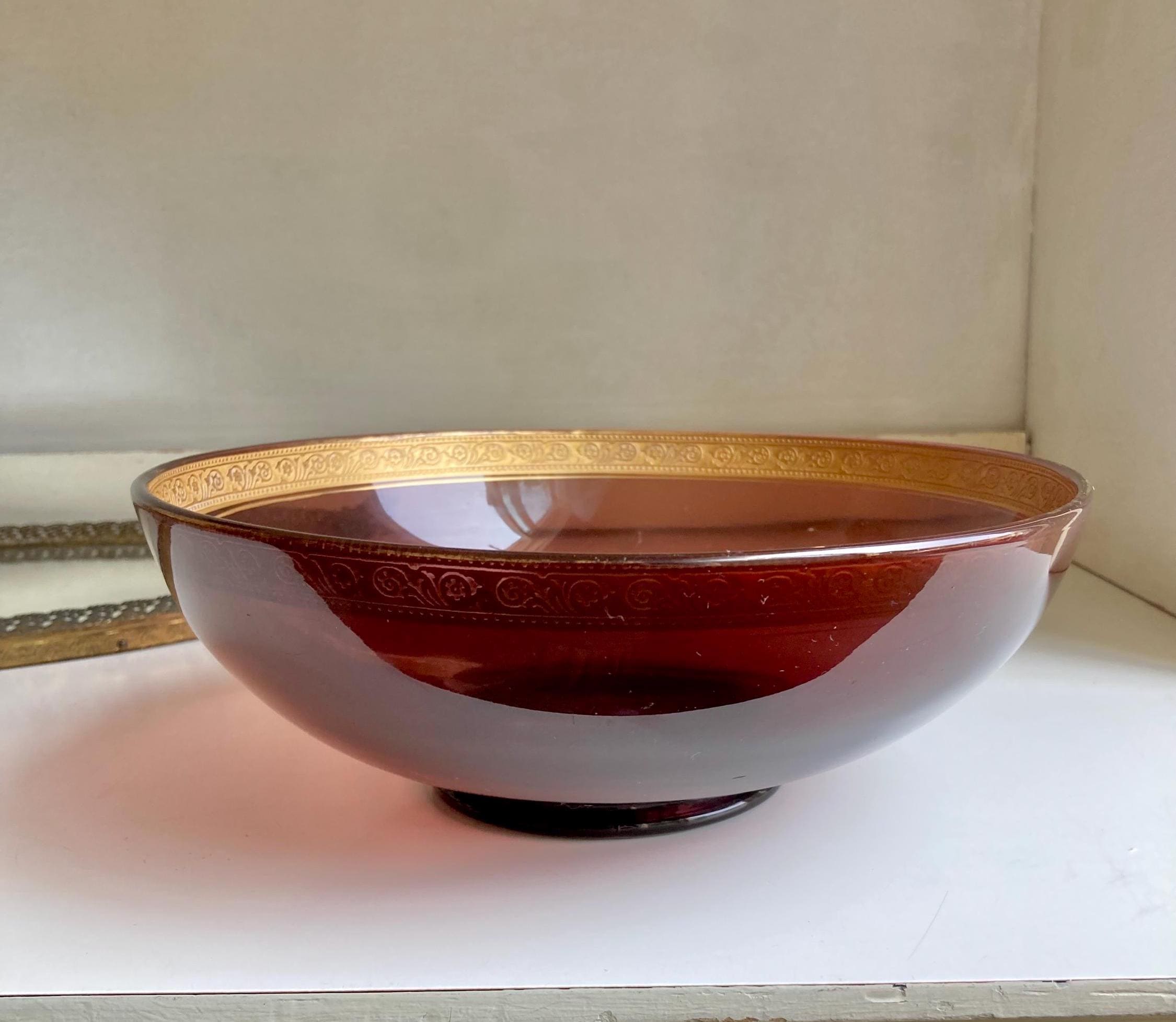 Vintage Purple Amethyst glass 8.75” serving bowl with Ornate Gilt Rim - Worn Finish