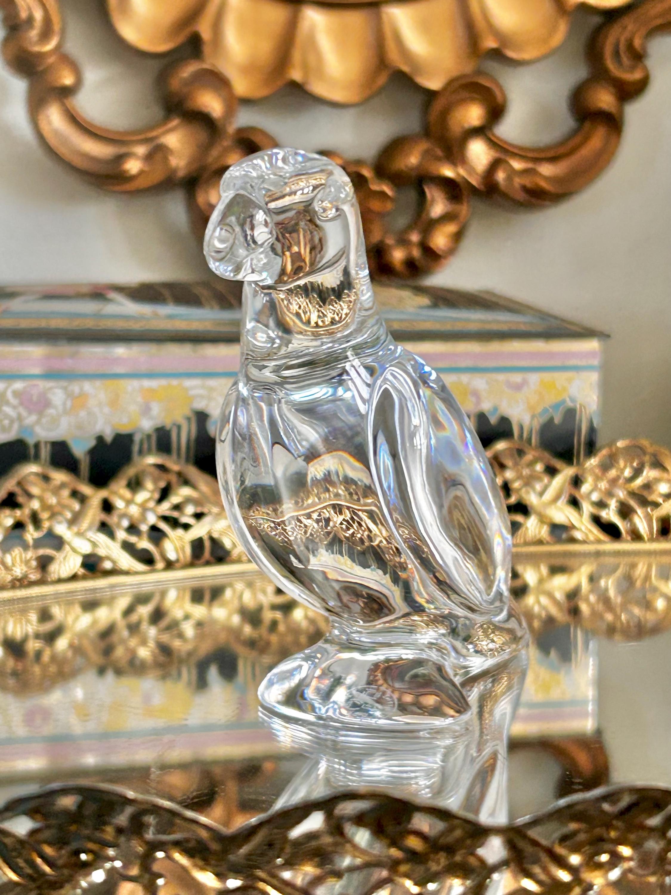 Vintage Baccarat, France Solid Crystal Glass Parrot Figurine, Clear