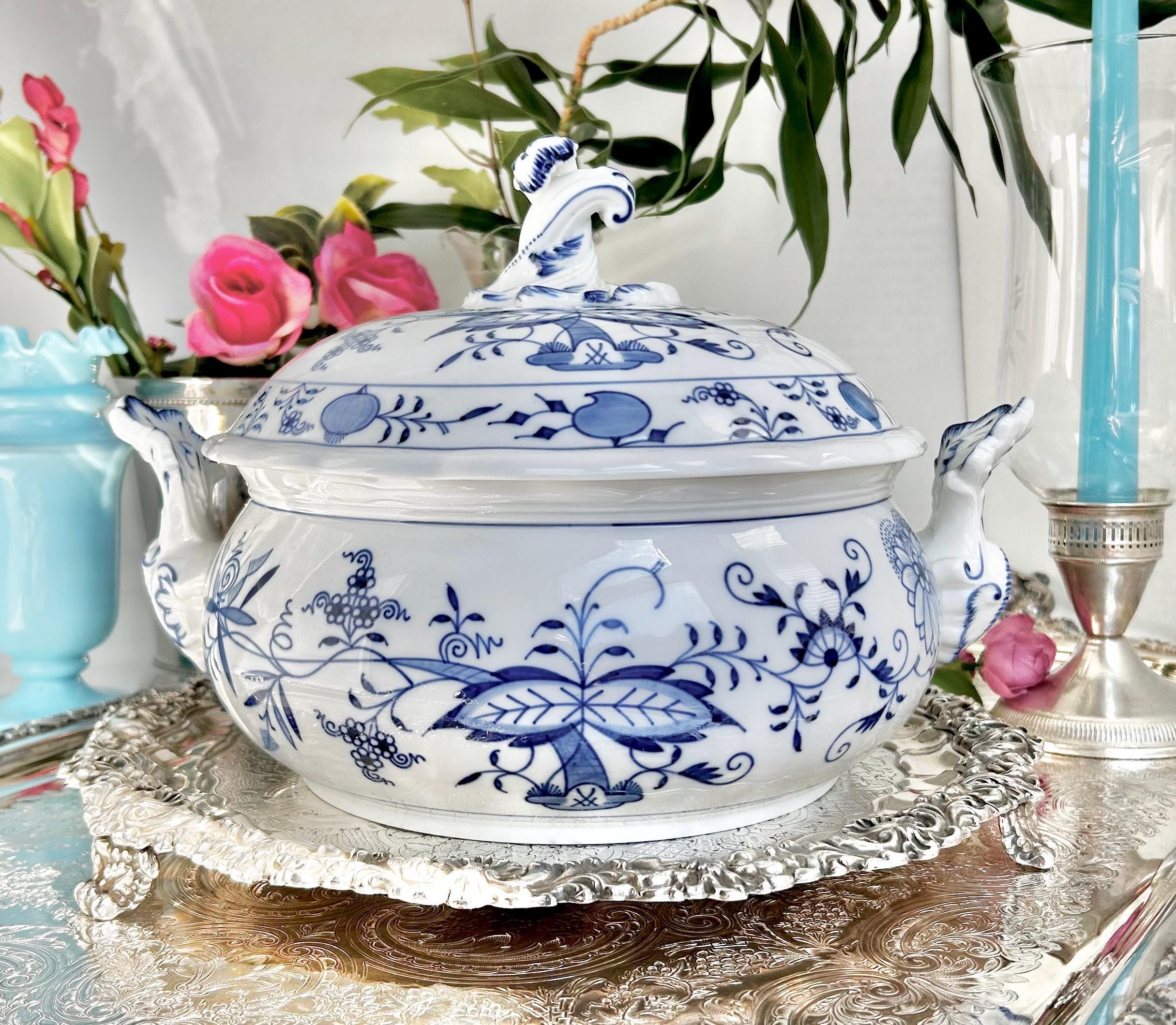Meissen Porcelain Blue Onion Tureen - Blue Sword Backstamp Scroll Finial Lid - Newer production