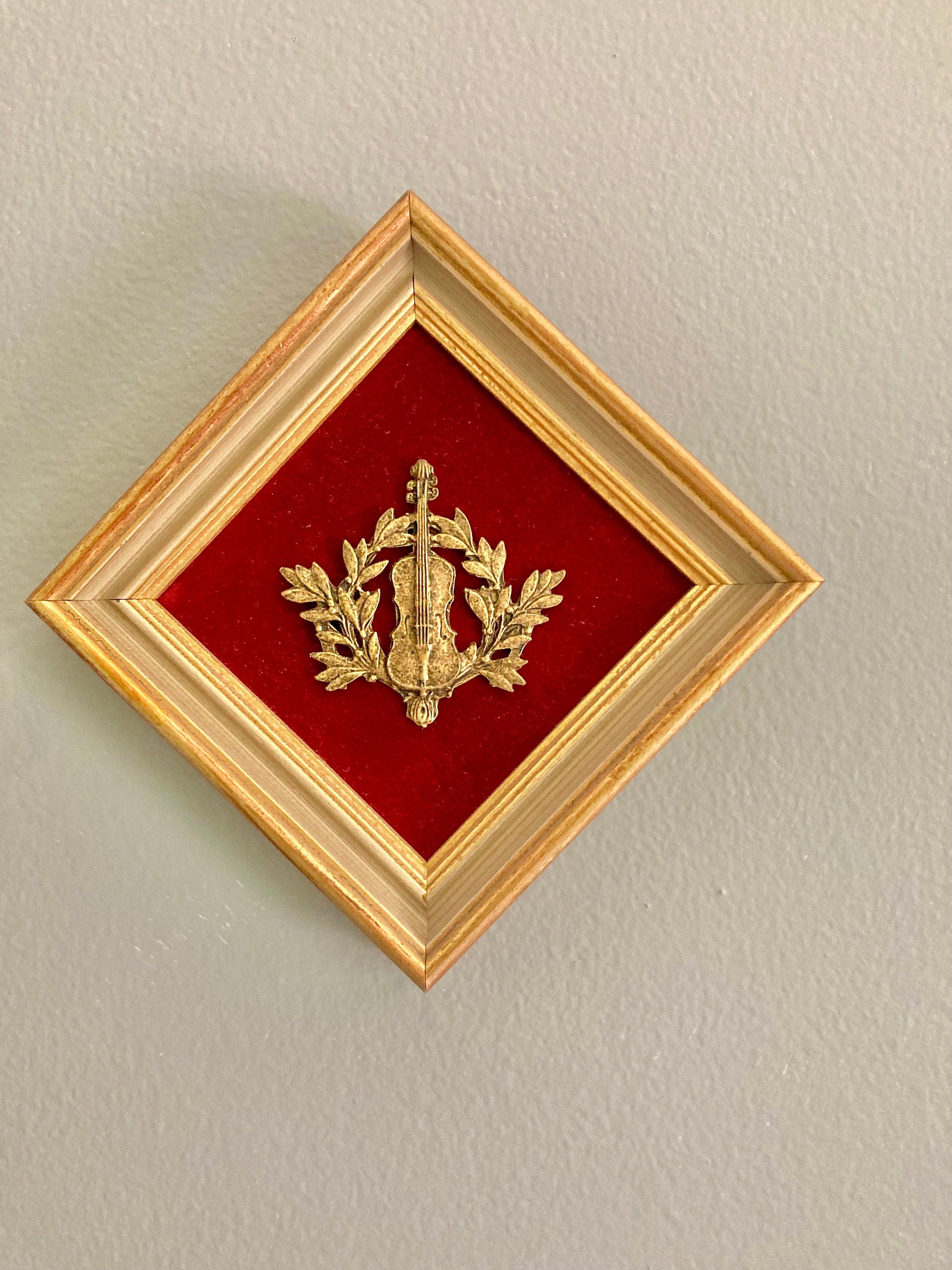 Vintage E.a. Riba Gold Tone Music Art: Red Velvet Framed Violin Decor